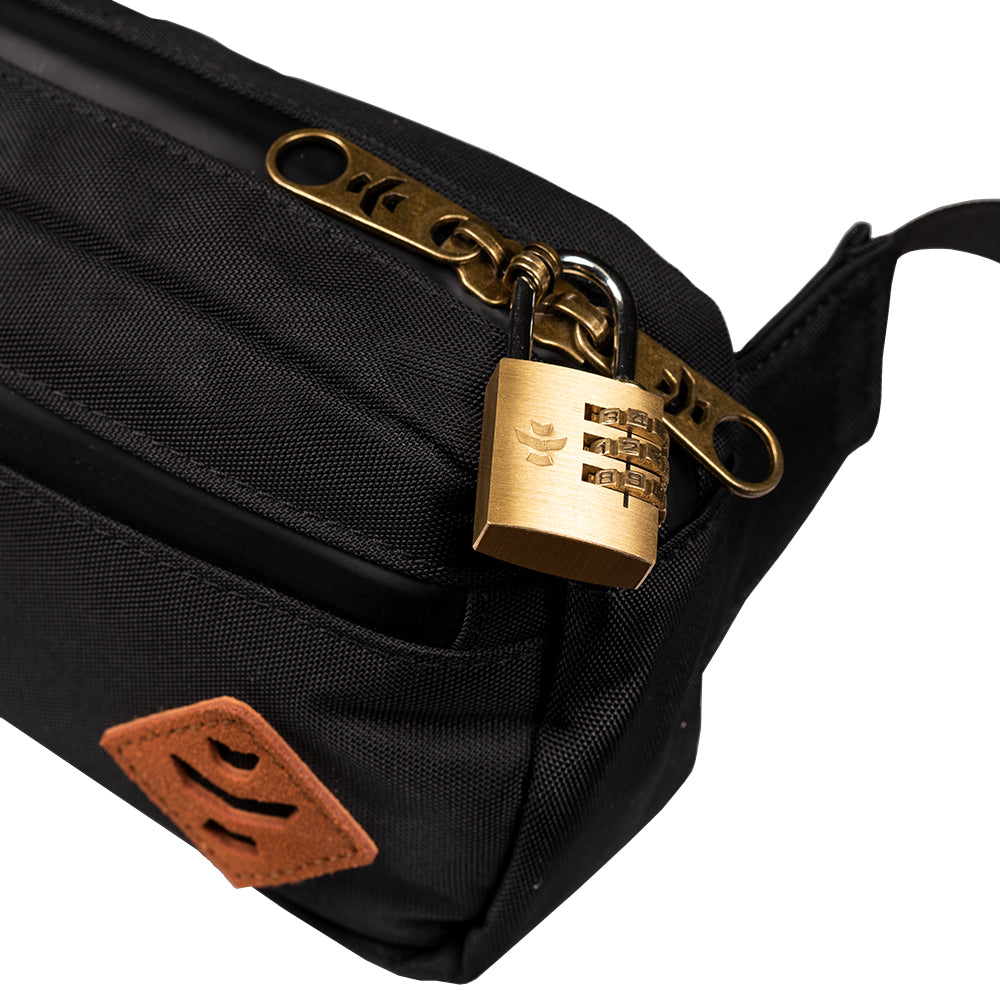 Black bag with a gold padlock on a white background