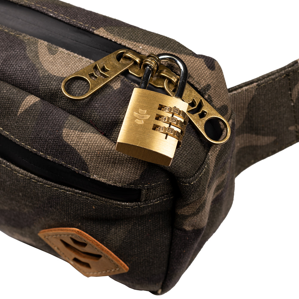Camouflage-patterned bag with a gold padlock on a white background