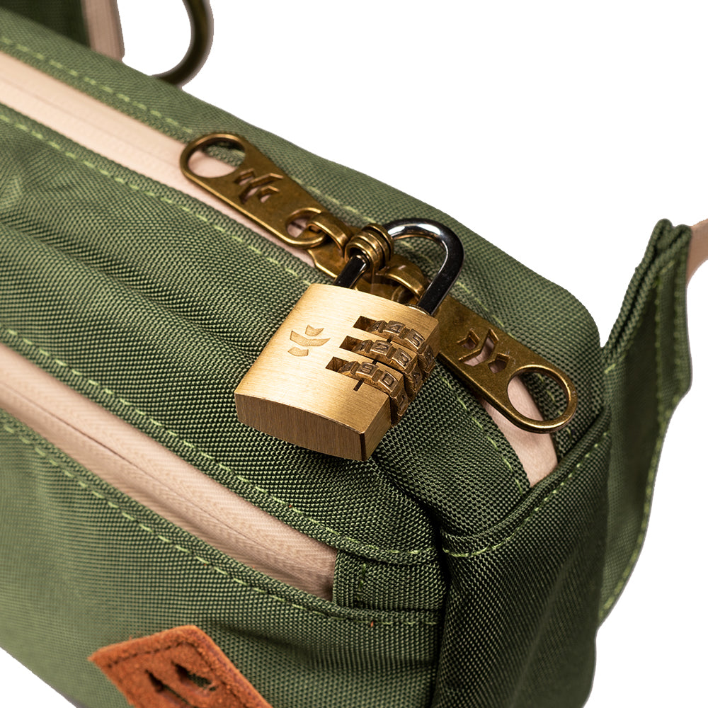 Green bag with a gold padlock on a white background
