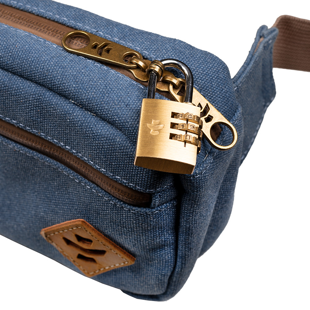 Blue bag with a gold padlock on a white background