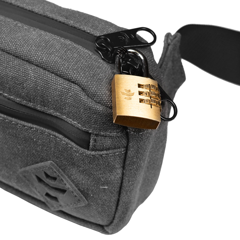 Gray bag with a gold padlock on a white background
