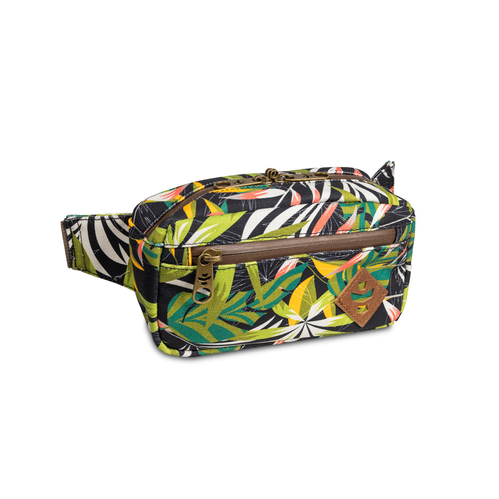 Fanny pack with tropical leaf pattern on a white background
