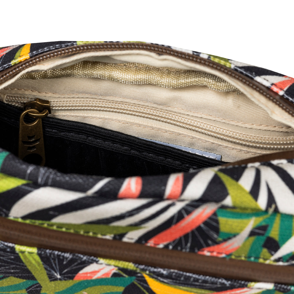 Multicolored patterned bag with a zipper, showing the interior.