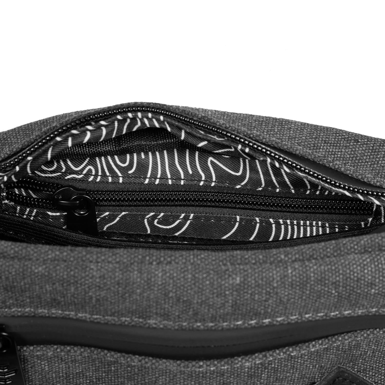 Gray bag with a zipper and white patterned interior on a white background