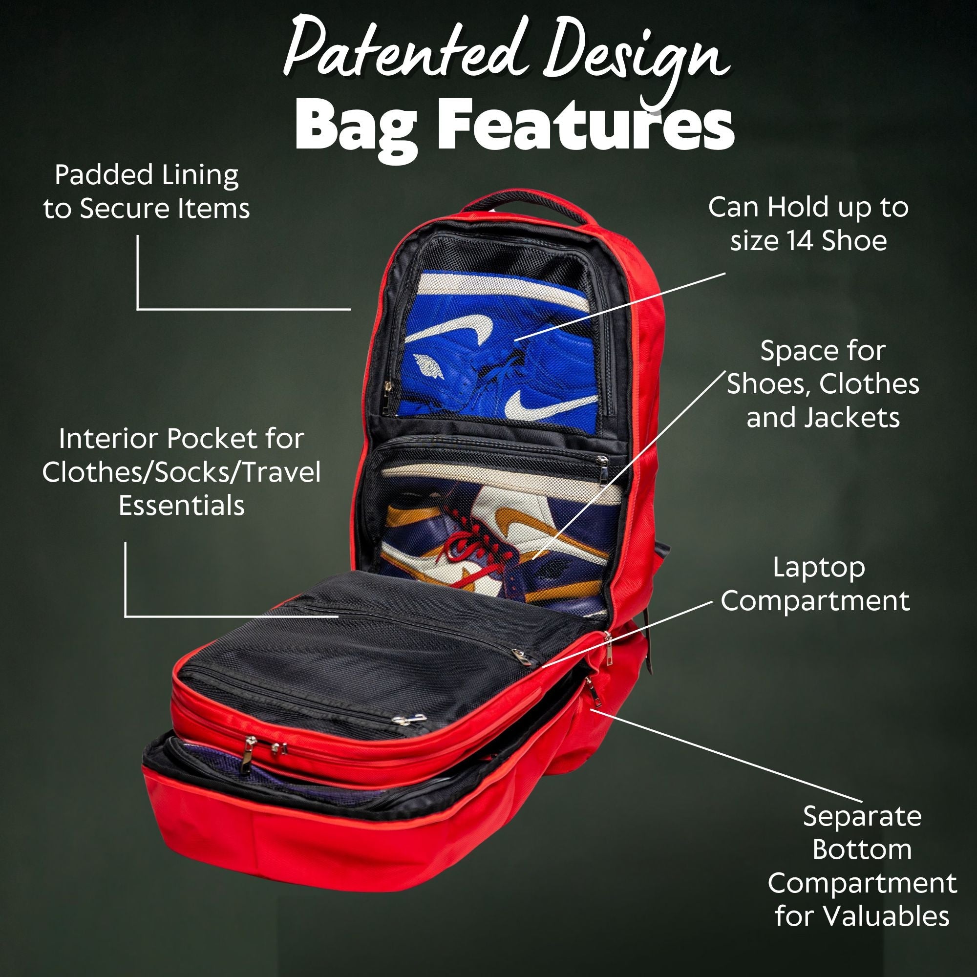 Red travel bag with labeled features on a dark background