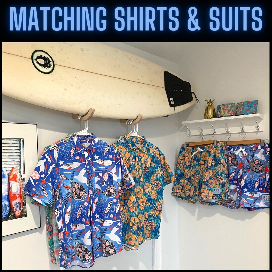 Colorful matching shirts and suits on hangers with a surfboard in the background.