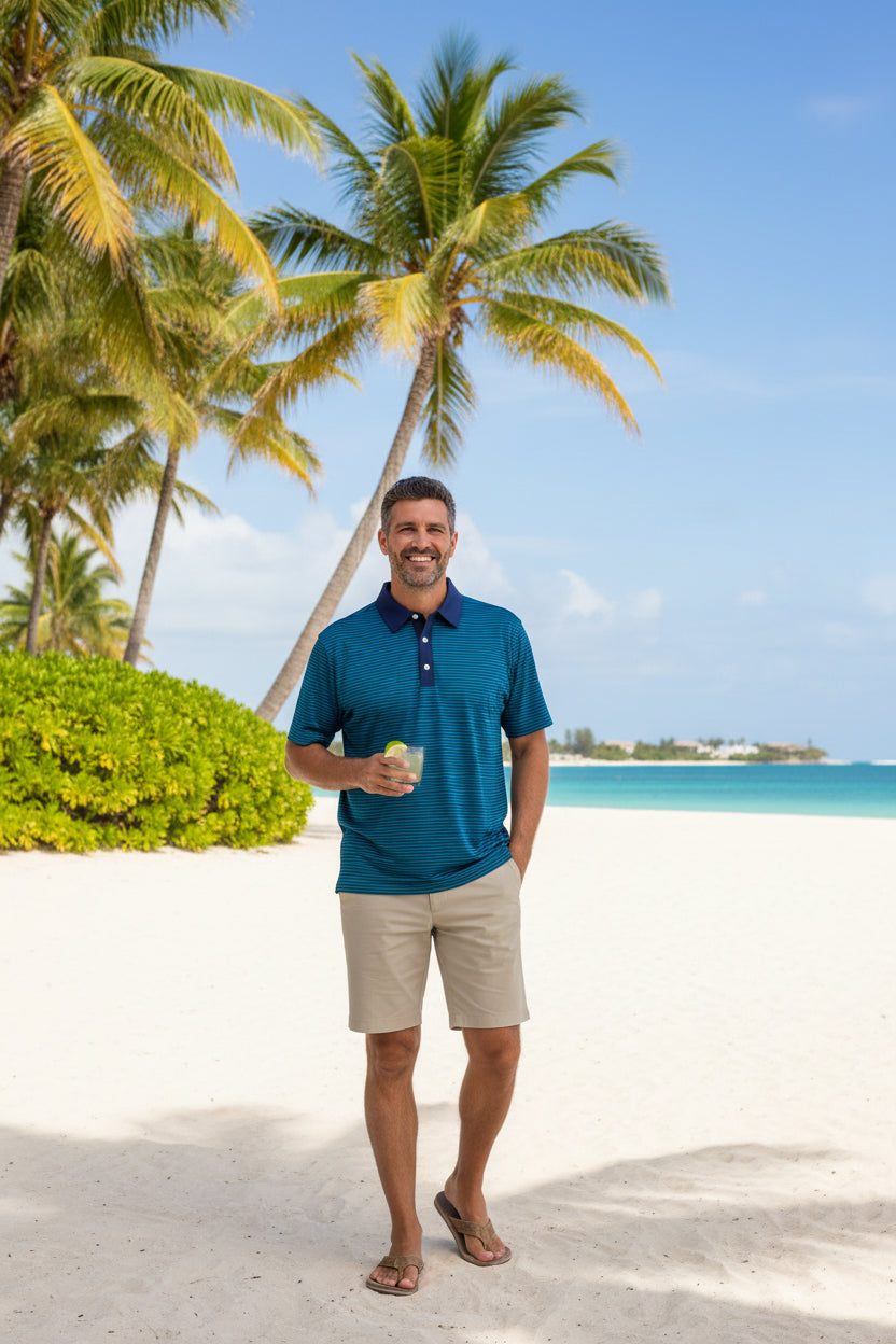 Blue and green striped polo shirt with a collar and buttons on a white background