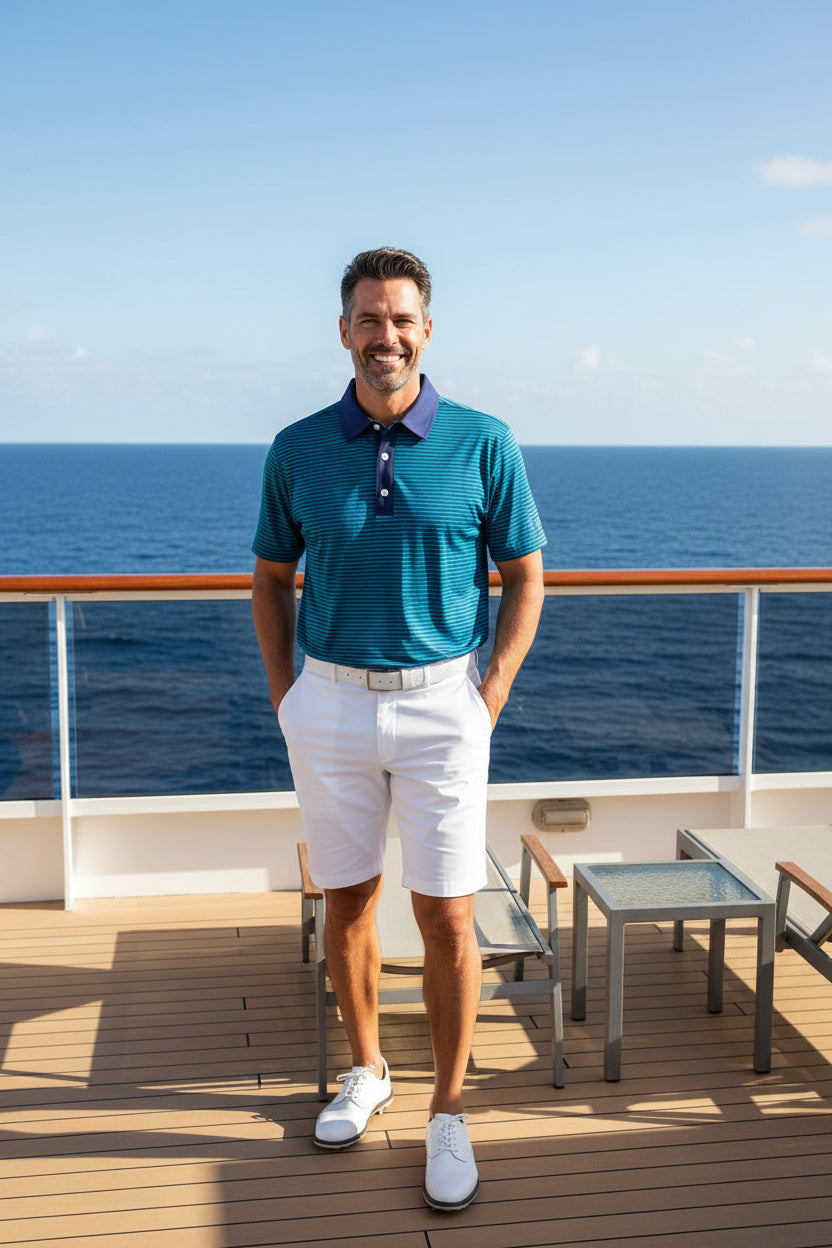 Blue and green striped polo shirt with a collar and buttons on a white background