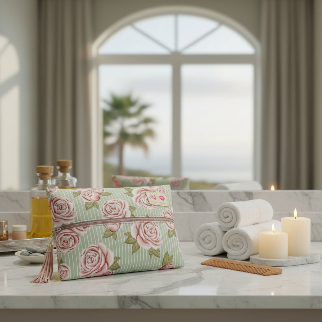 Floral patterned pouch with a zipper and tassel on a white background