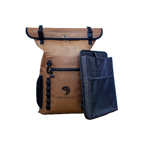 Brown backpack with black accents and a dry pocket on a white background