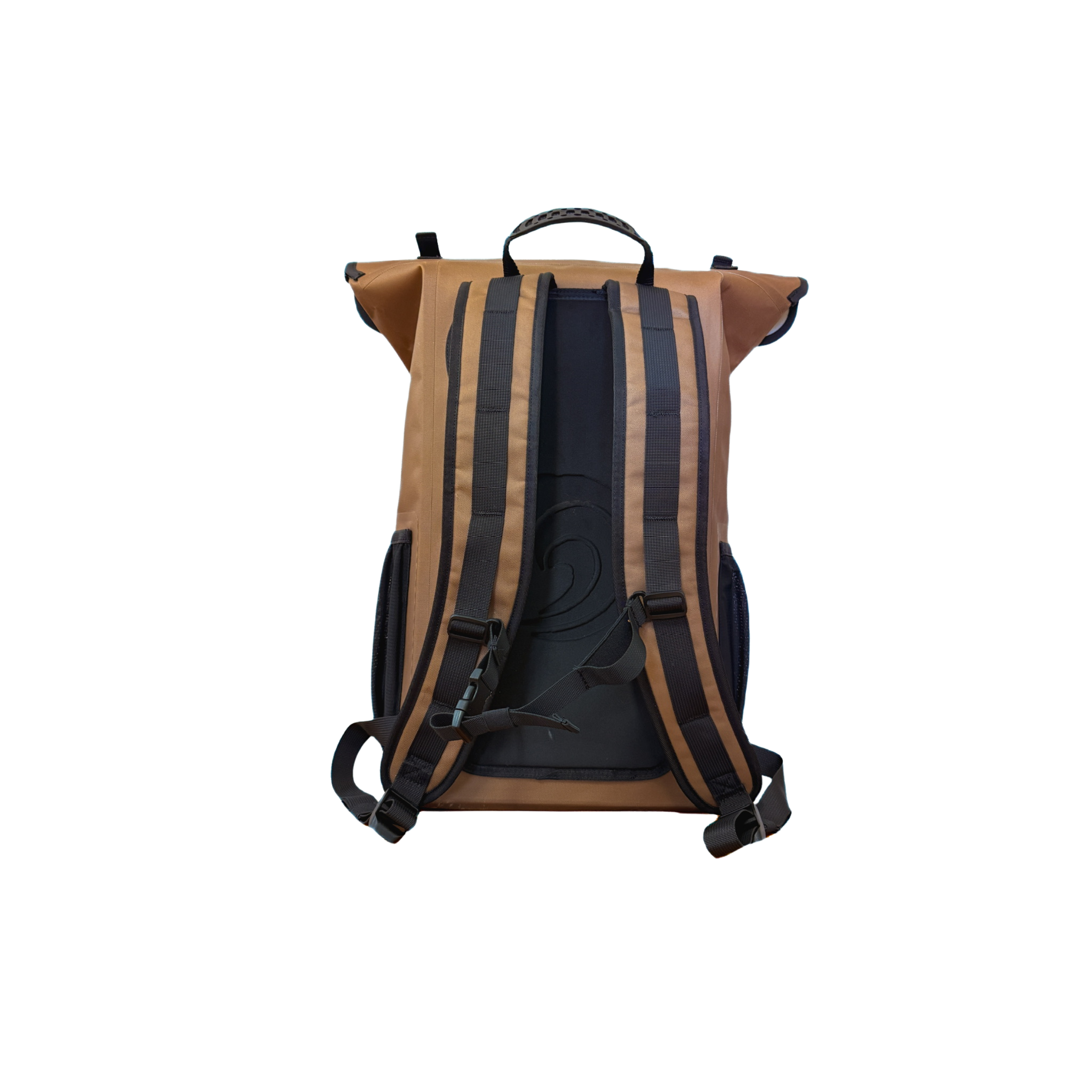 Brown and black roll-top backpack on a white background