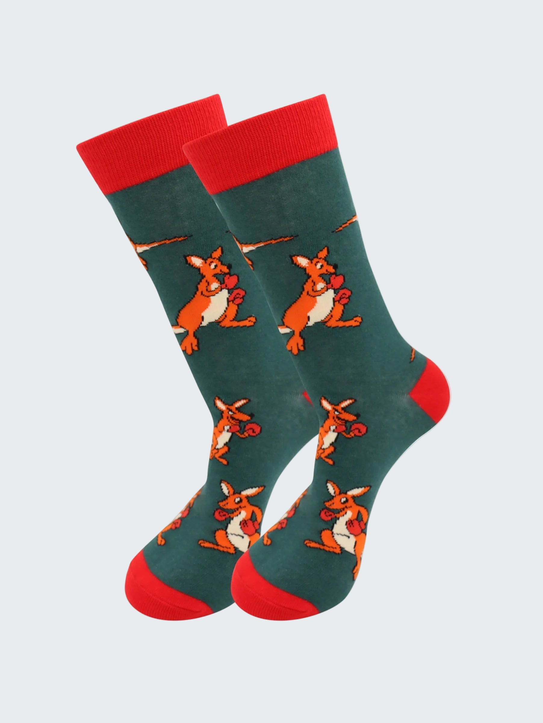 Pair of socks with kangaroo design on a white background