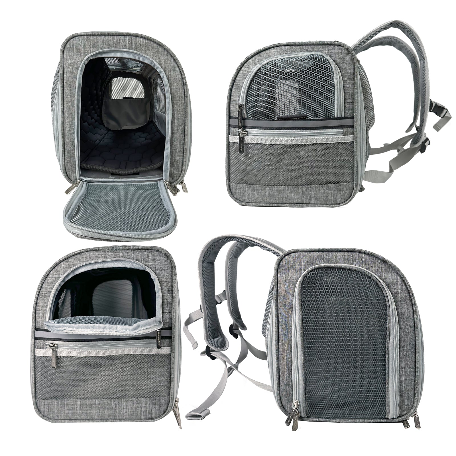 Gray pet carrier backpack shown from multiple angles on a white background