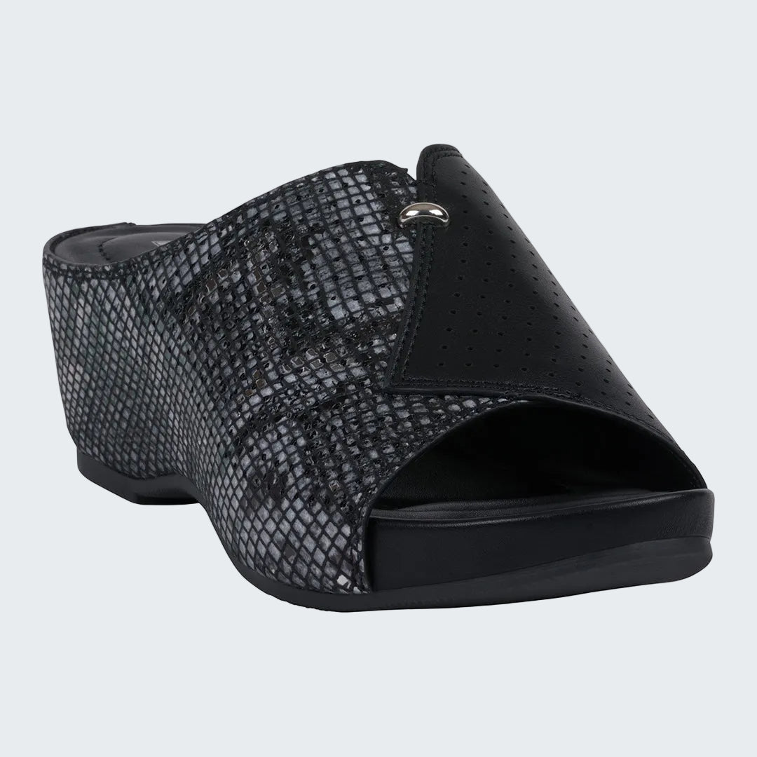 Black open-toe shoe with textured side on a white background