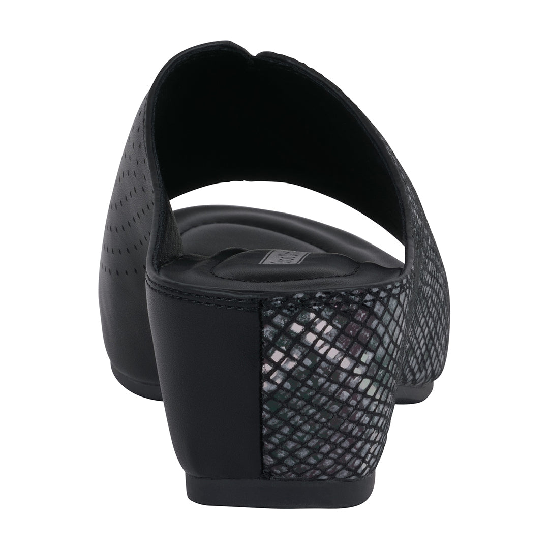 Black sandal with mesh design on a white background