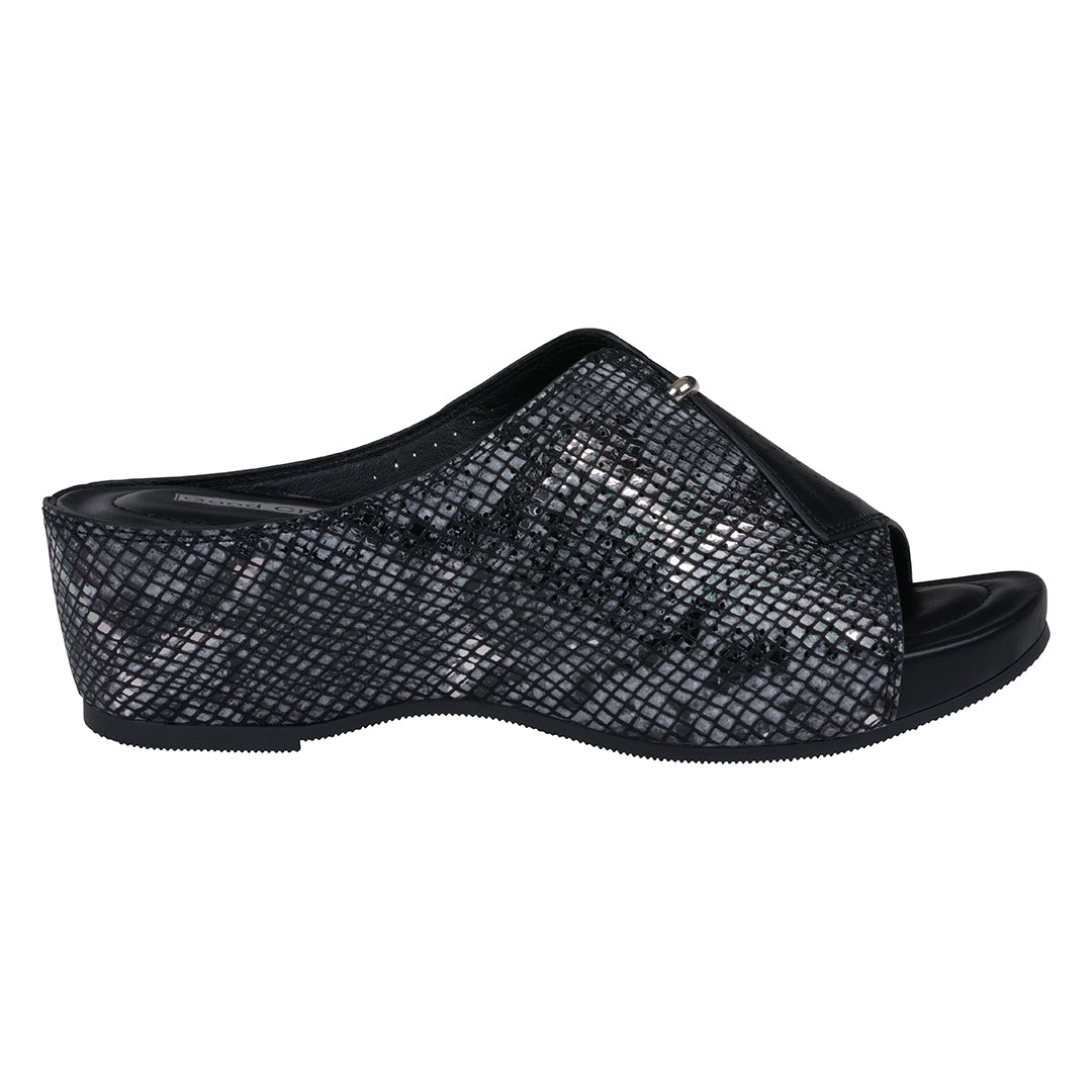 Black open-toe sandal with mesh design on a white background