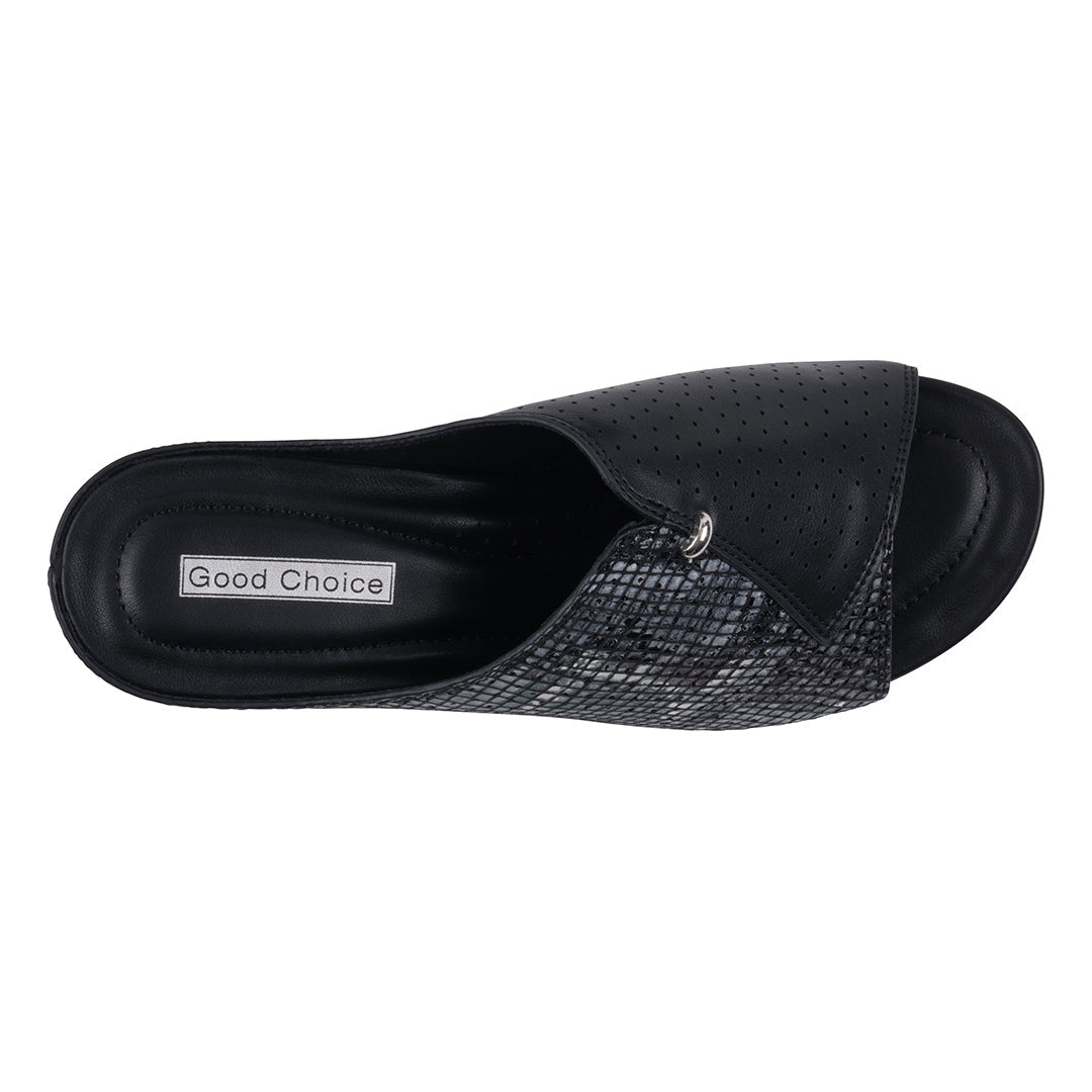Black open-toe shoe with 'Good Choice' label on a white background