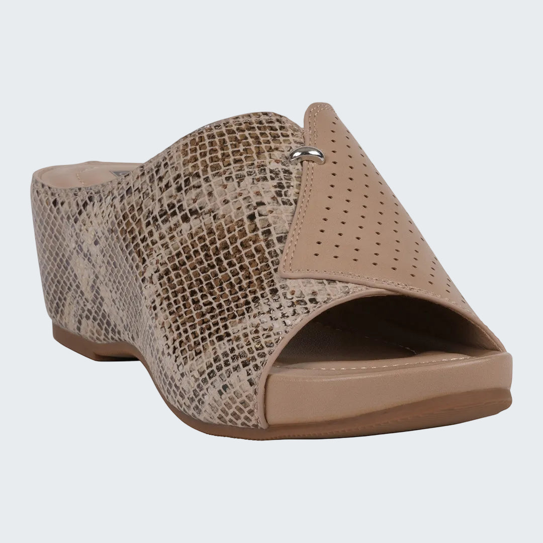 Beige sandal with snake print on a white background