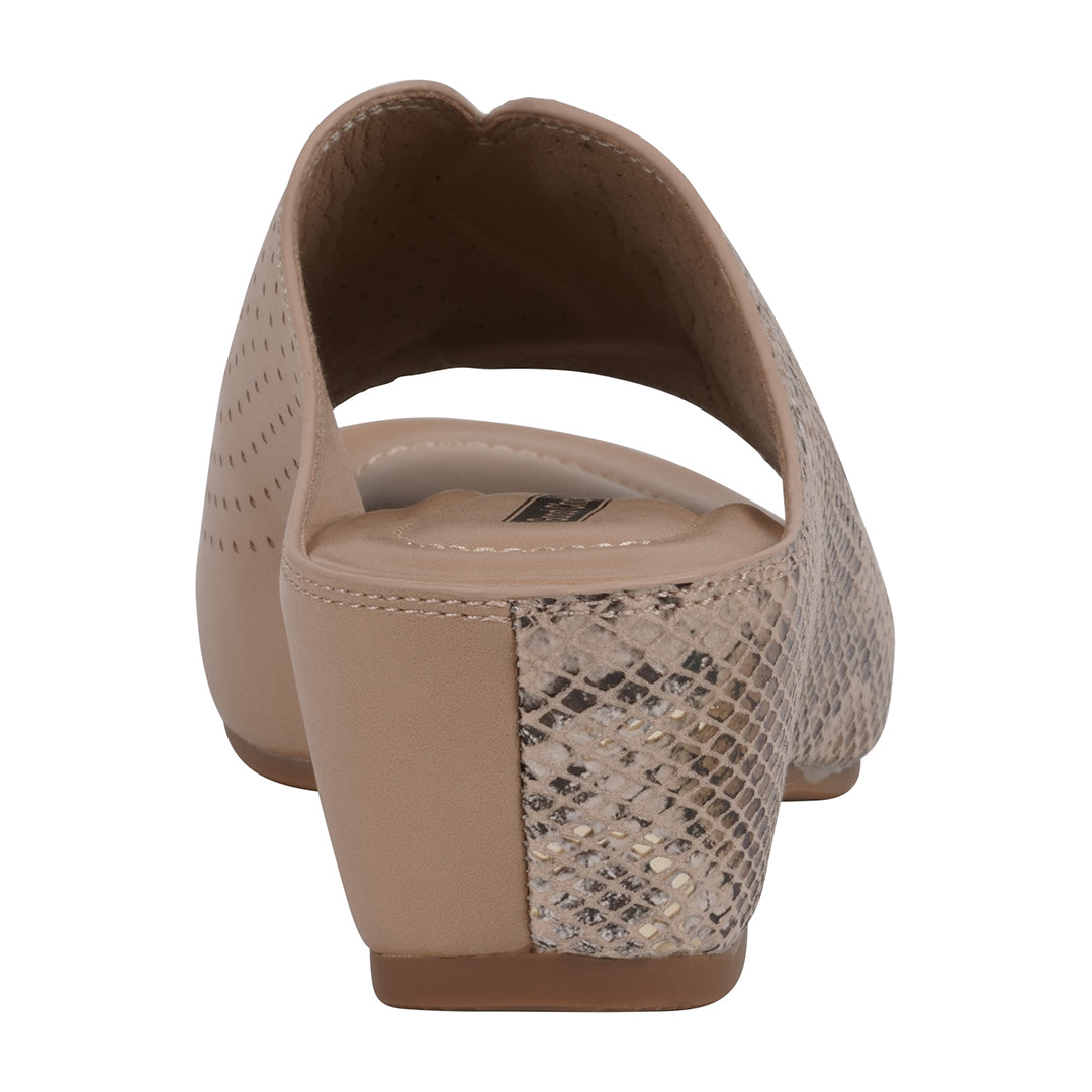 Beige wedge sandal with snake print heel on a white background