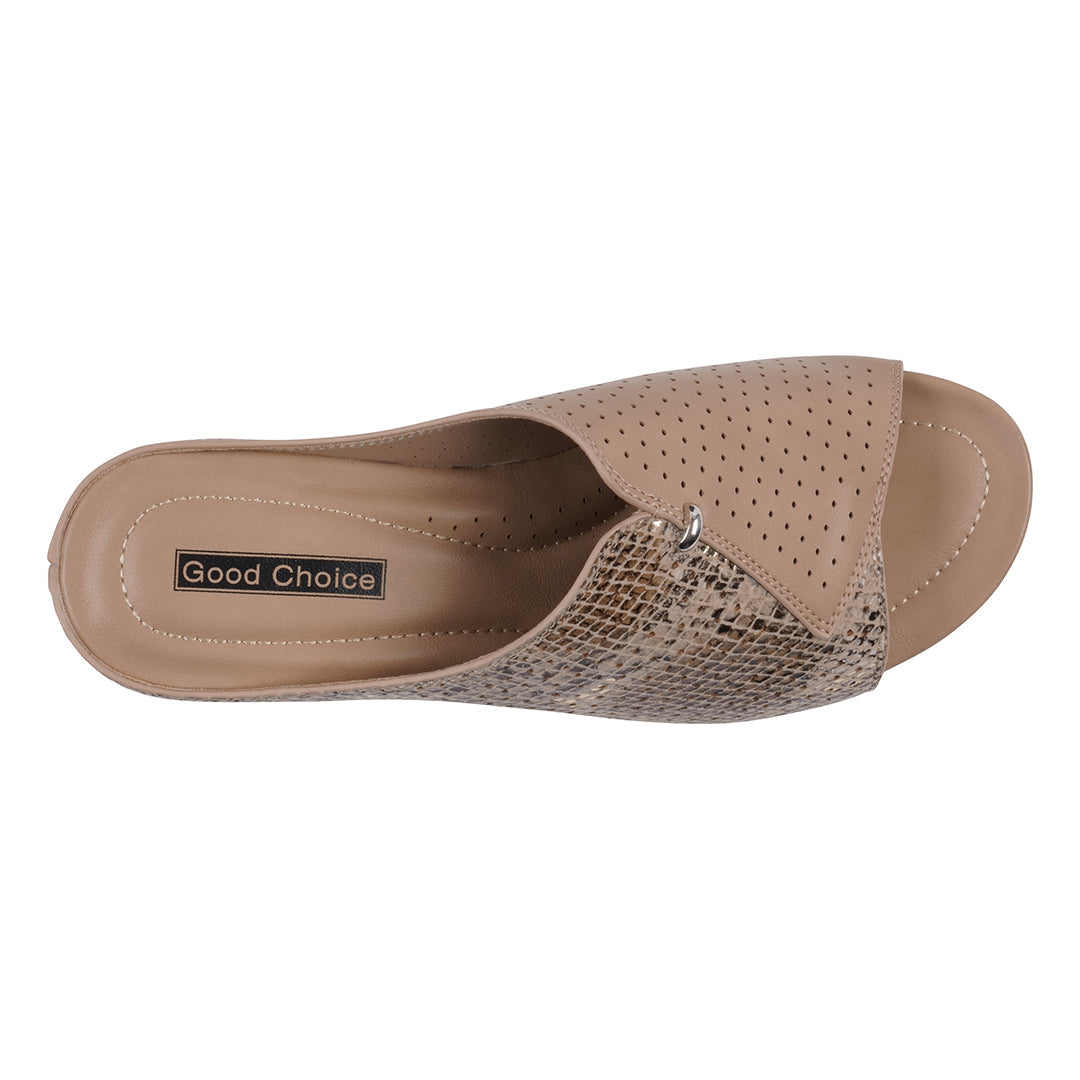 Beige sandal with snake skin pattern on a white background