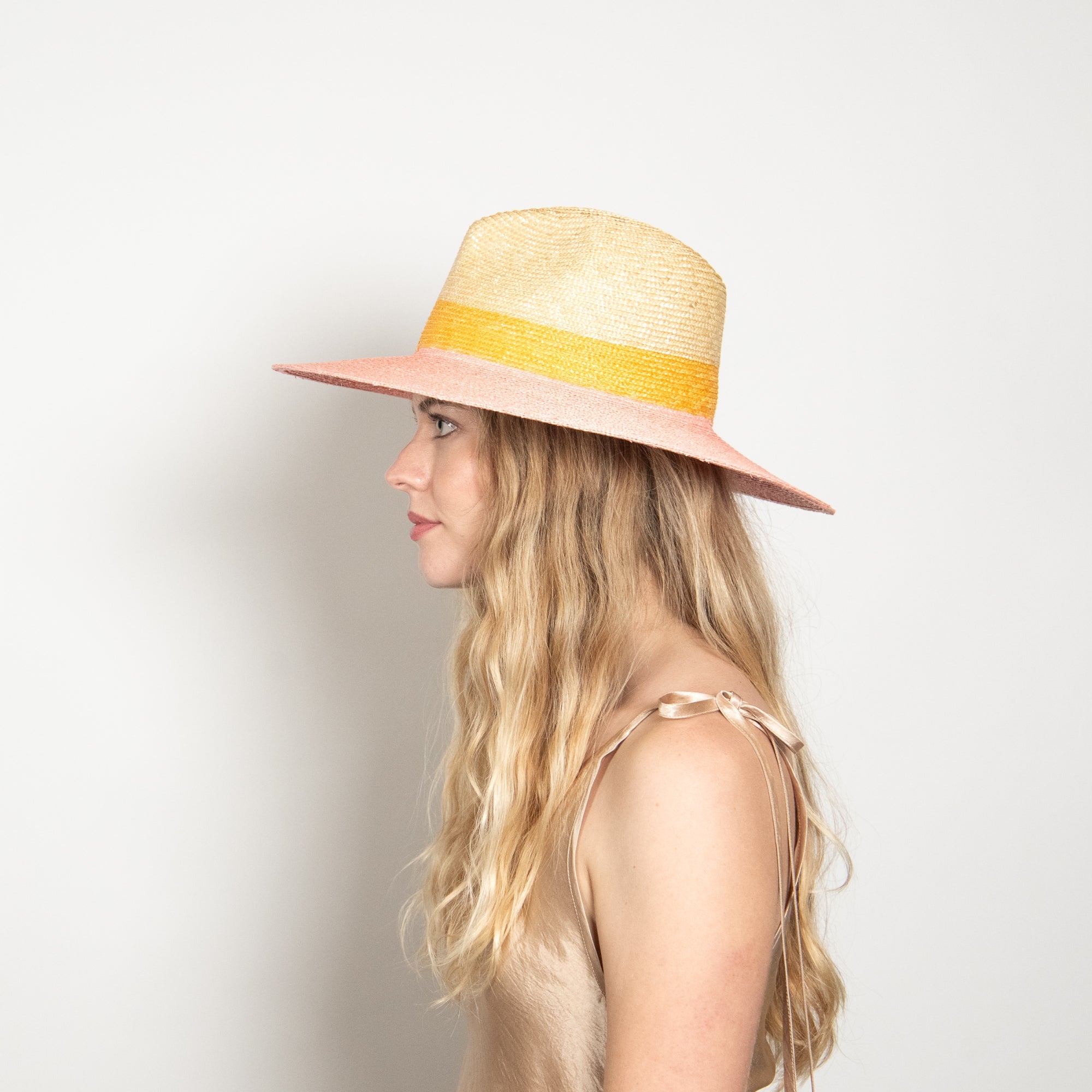 Woman wearing a straw hat with a yellow band on a light gray background