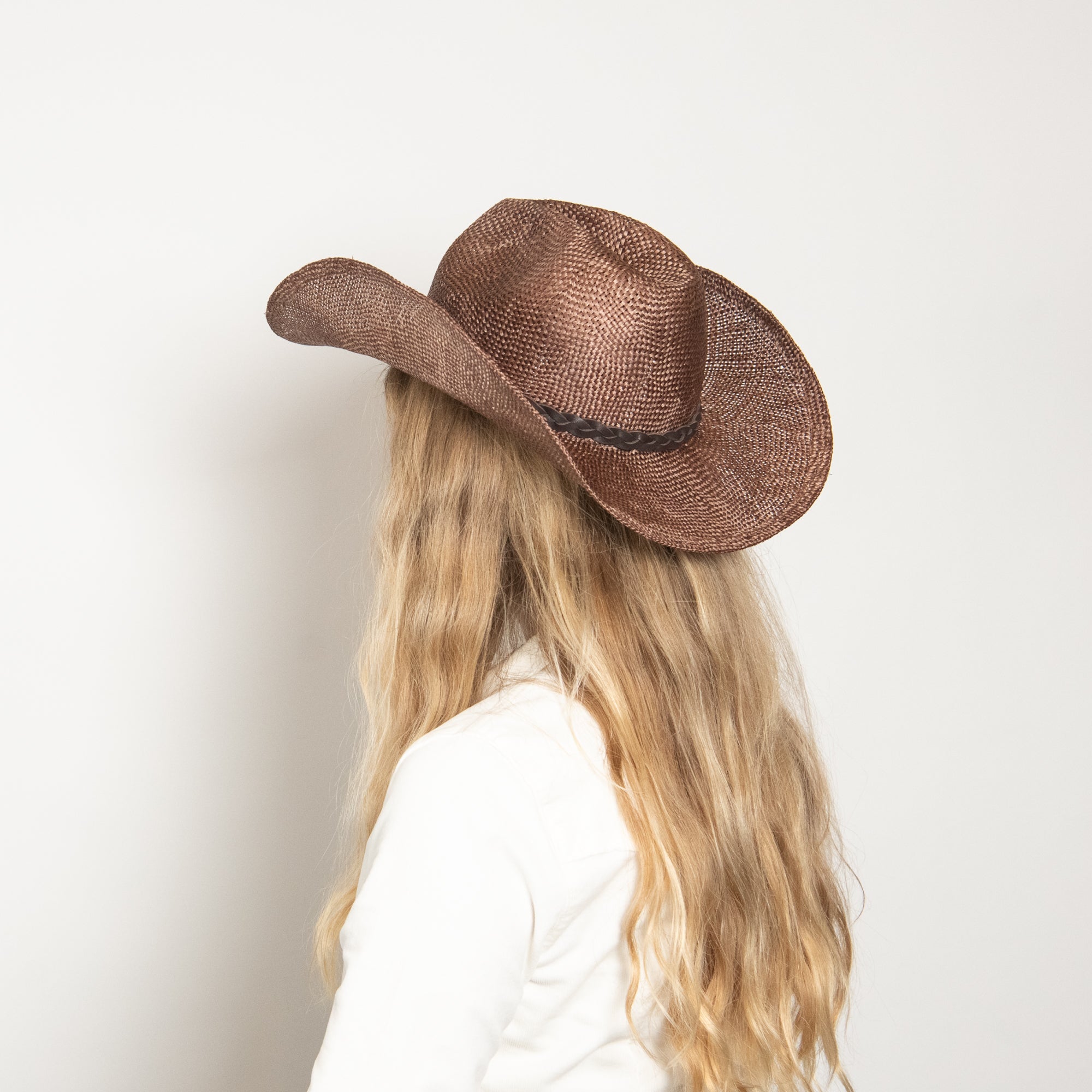 Person wearing a brown straw cowboy hat against a plain background