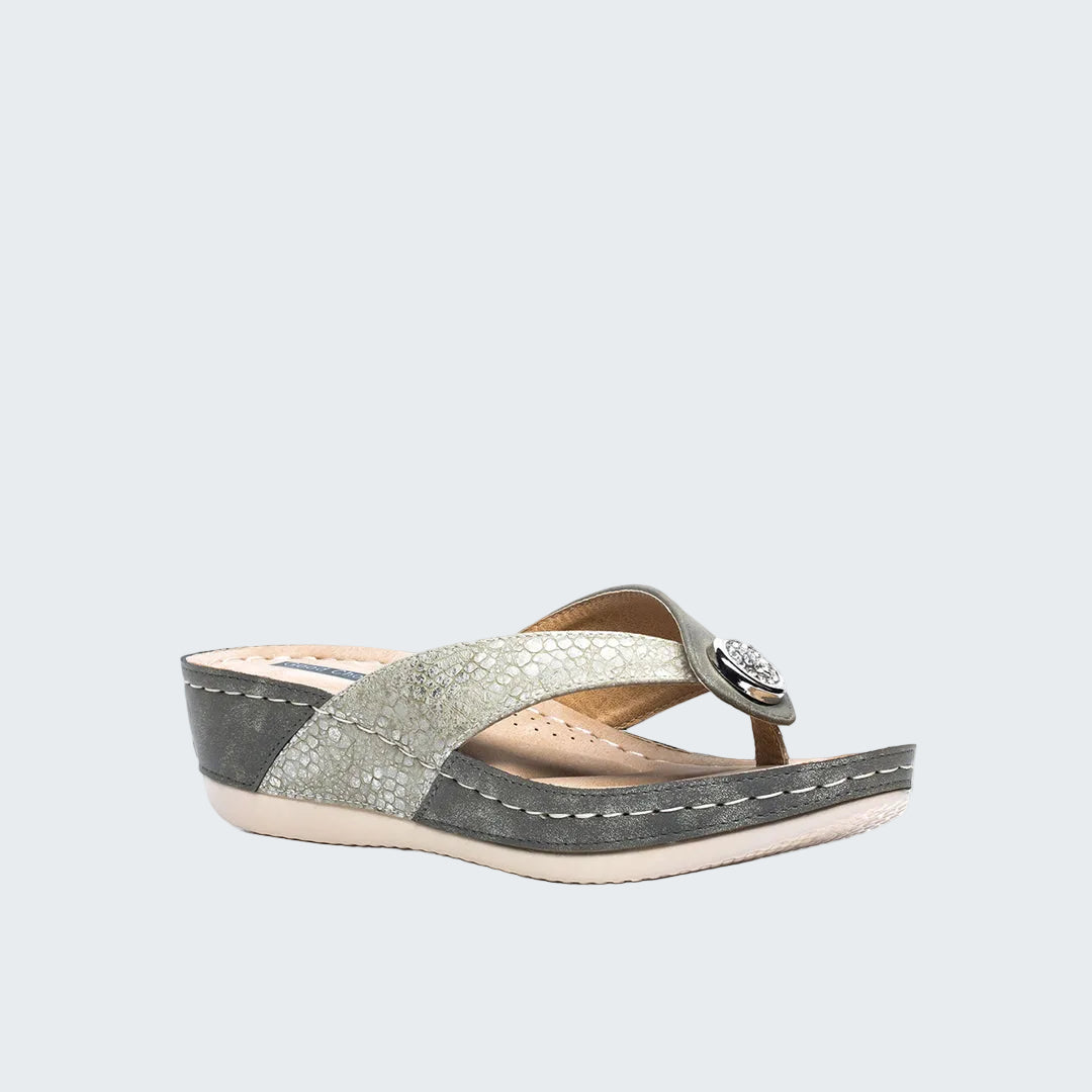 Single sandal with gray and white pattern on a white background