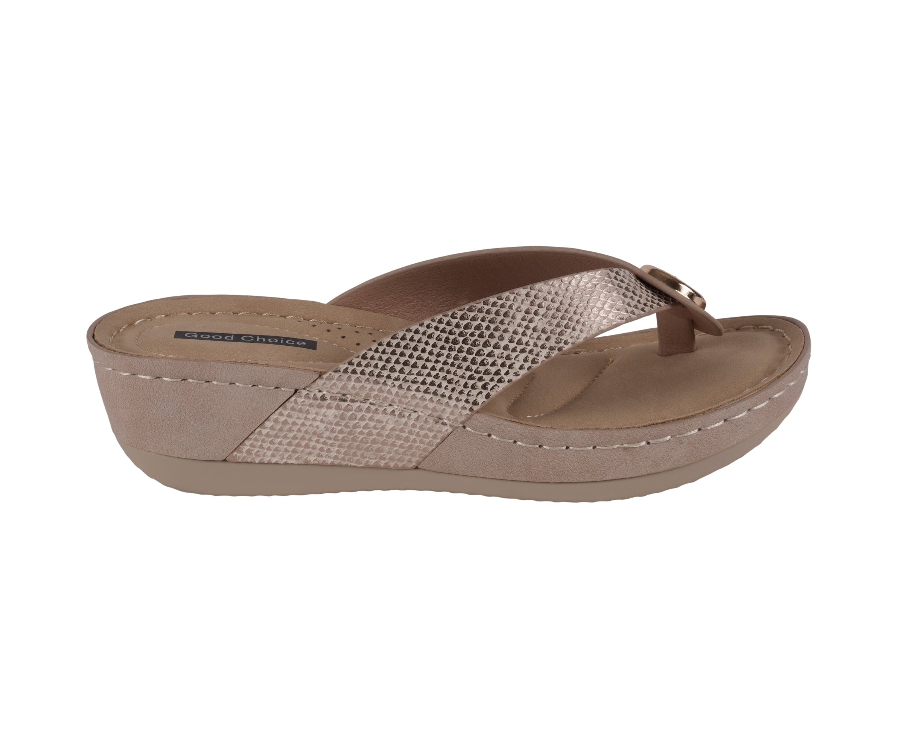 Brown sandal with a textured strap on a white background