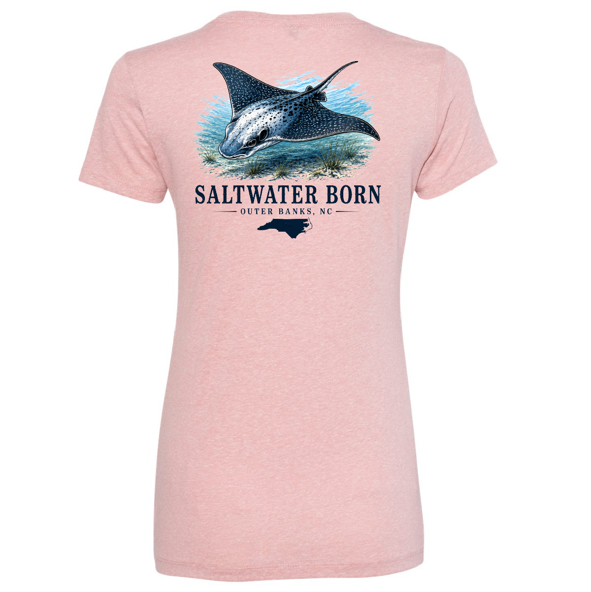 A light pink heather short-sleeve t-shirt shown from the back, featuring a graphic of a manta ray, ocean waves, and the text 'SALTWATER BORN OUTER BANKS, NC'.