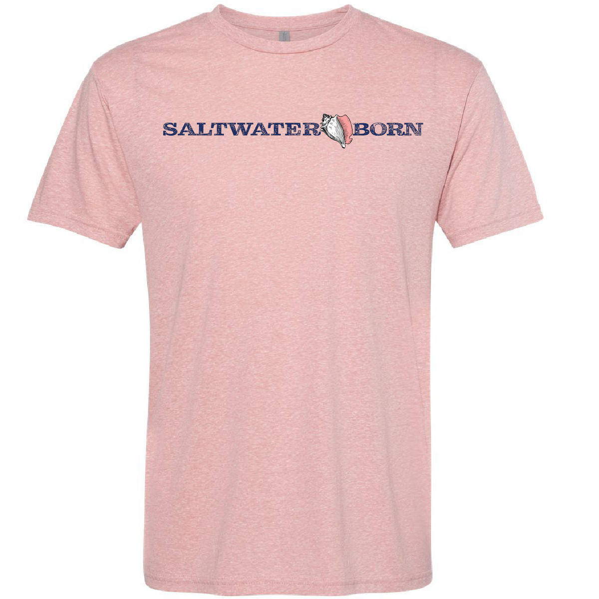 A heather pink short-sleeve crewneck t-shirt with 'SALTWATER BORN' printed across the chest in navy blue letters, separated by a small fish graphic.