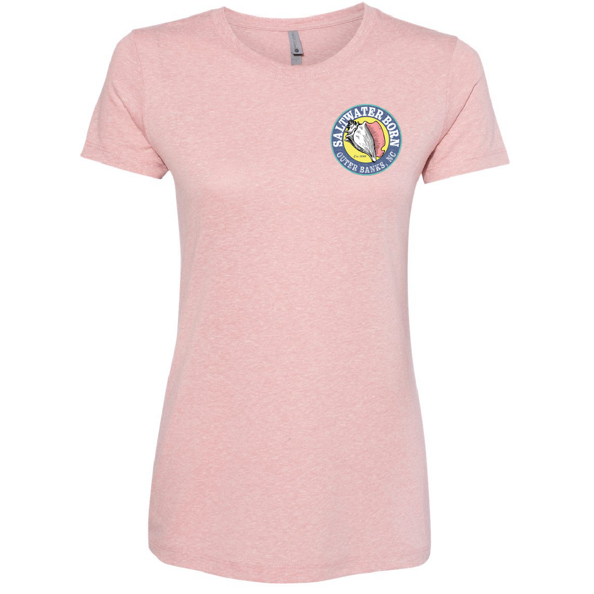 A light pink heather short-sleeve crewneck t-shirt with a circular 'Salt Mapped' logo printed on the left chest, displayed on a clean white background.