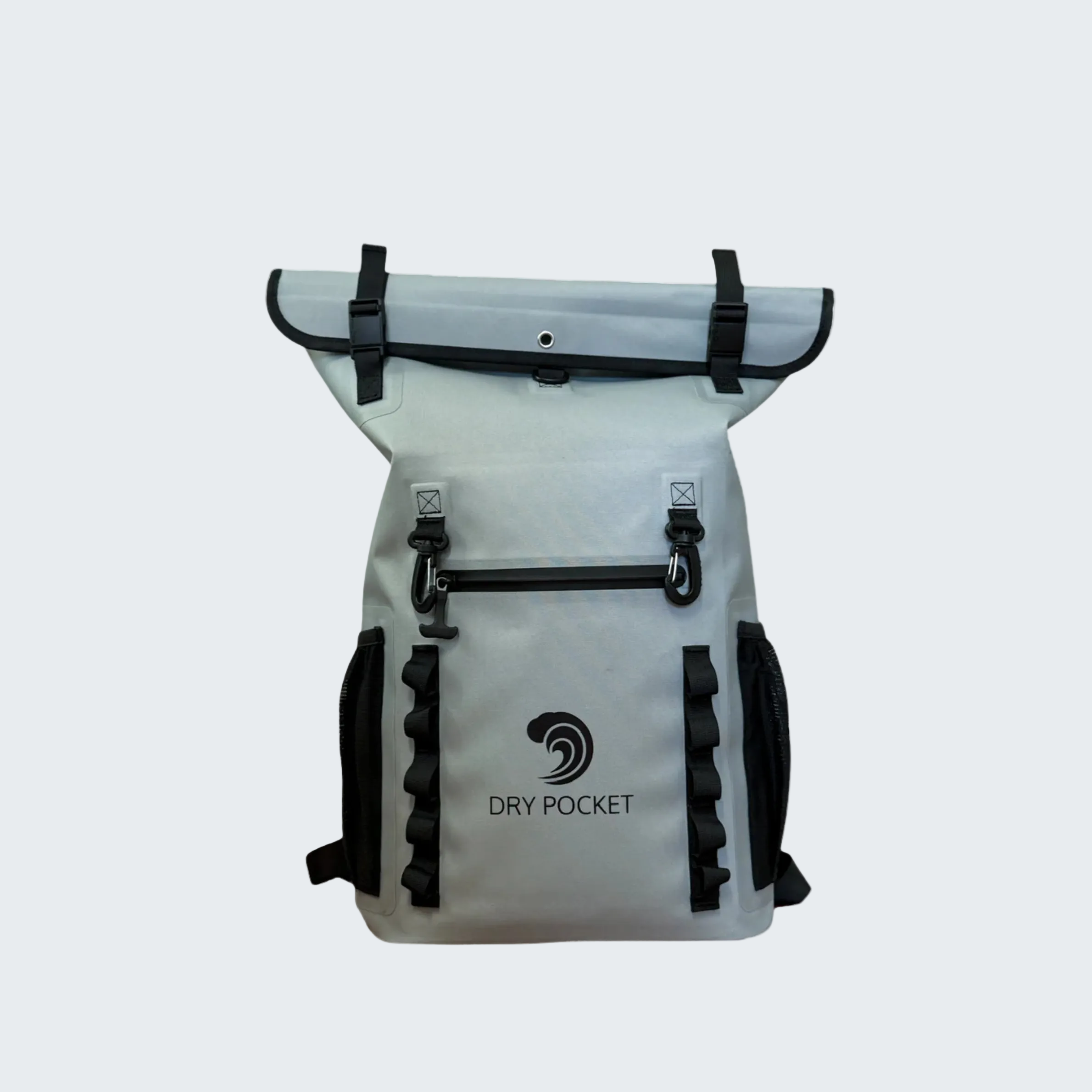 White roll-top backpack with black straps on a white background