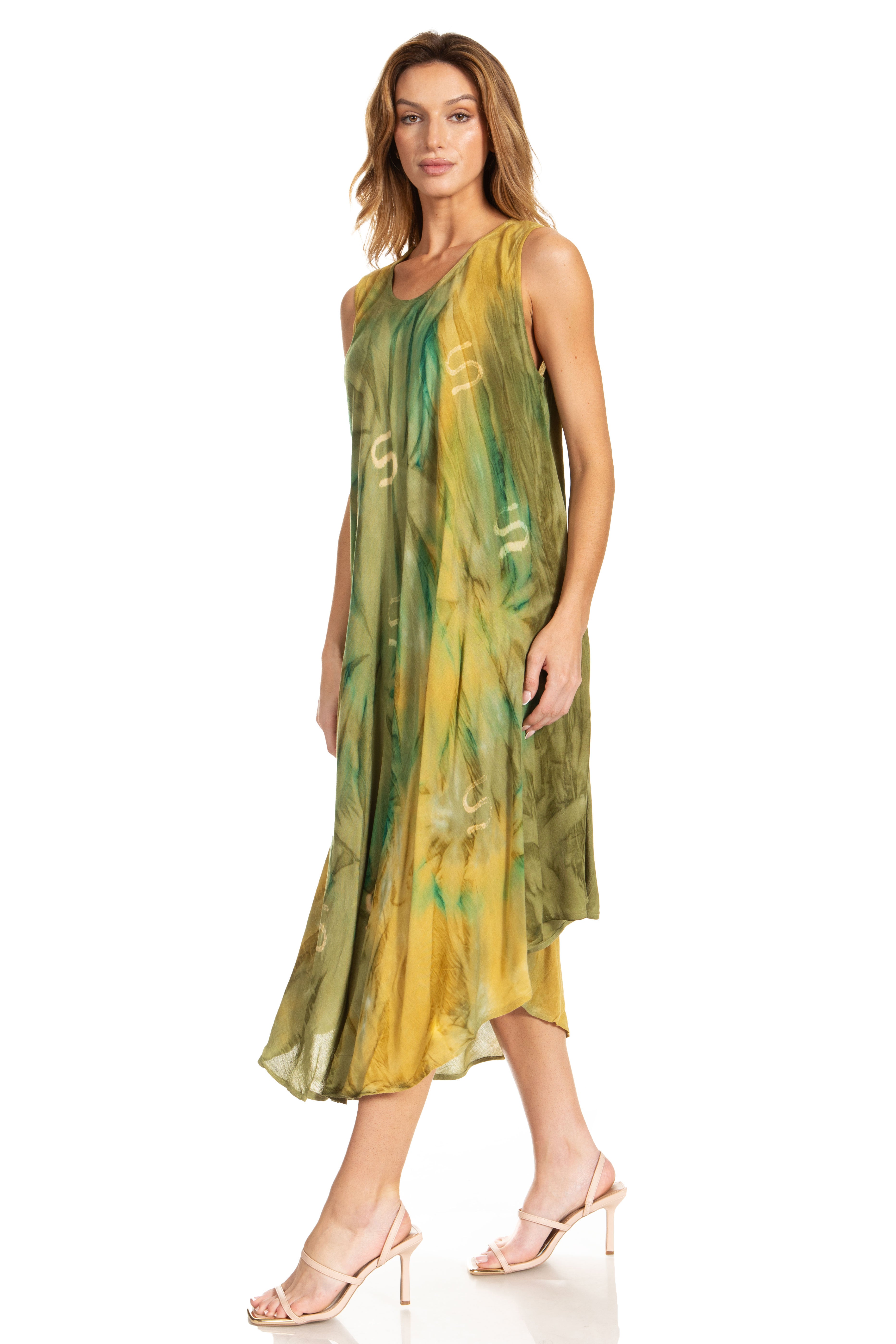 Woman wearing a sleeveless, floral-patterned dress on a white background