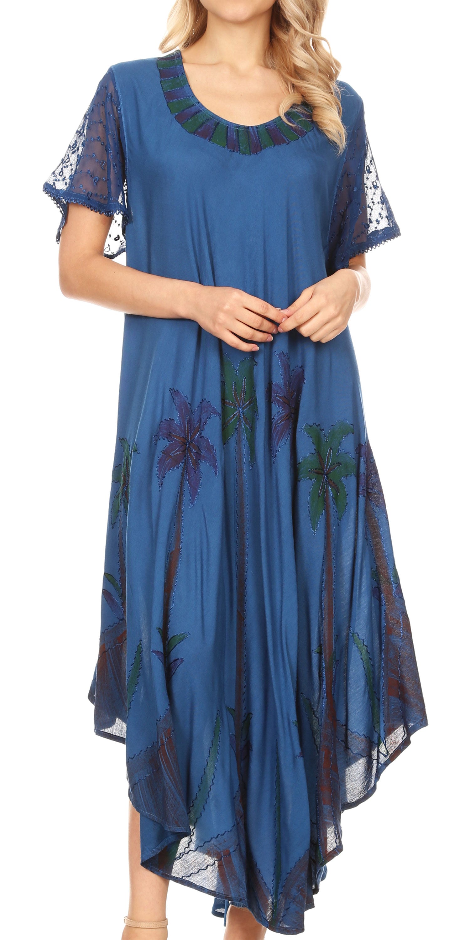 Blue dress with floral patterns on a white background