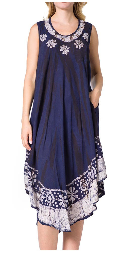 Navy blue dress with white floral embroidery on a white background