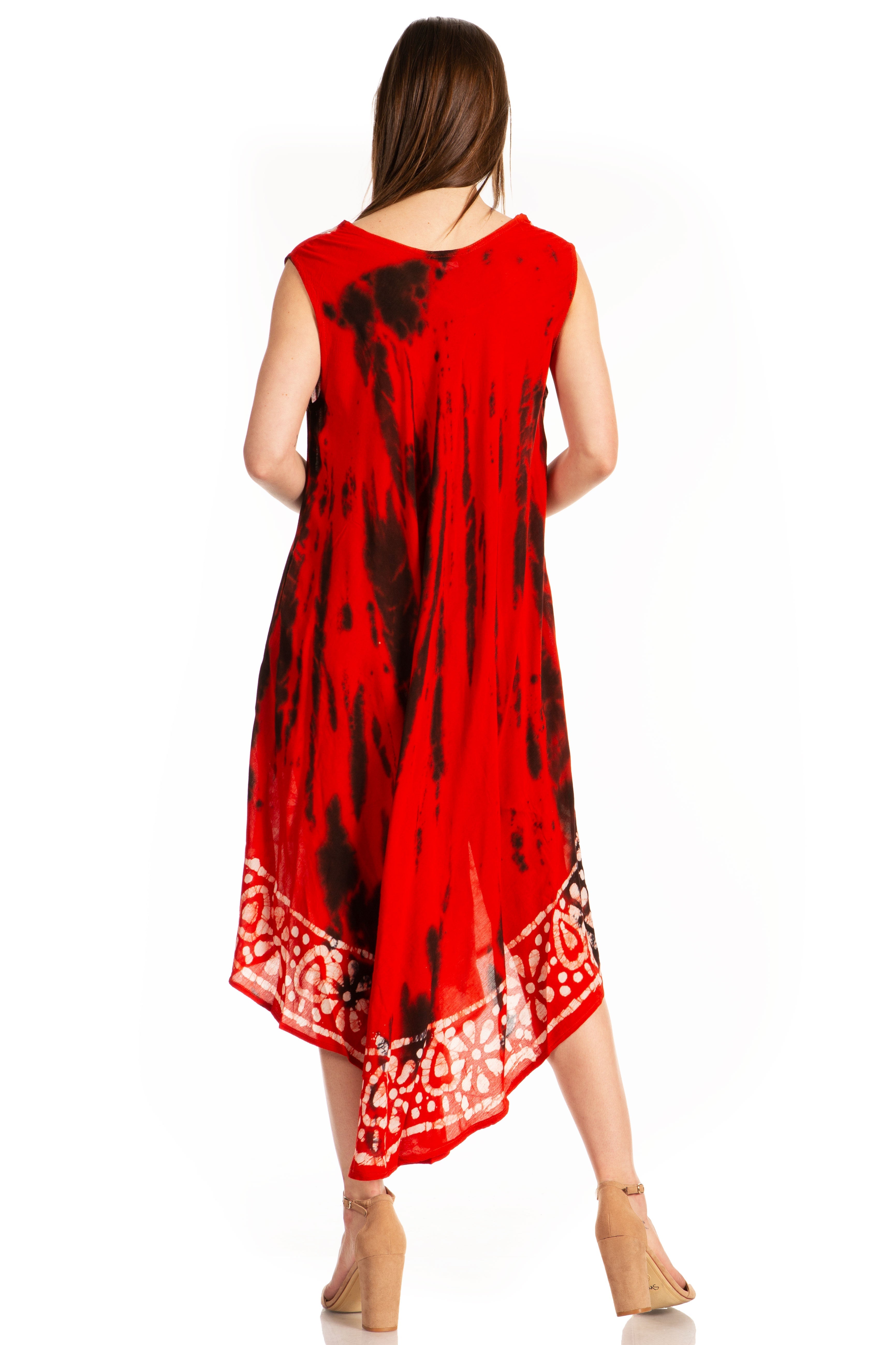 Red and black tie-dye dress with white patterns on a white background