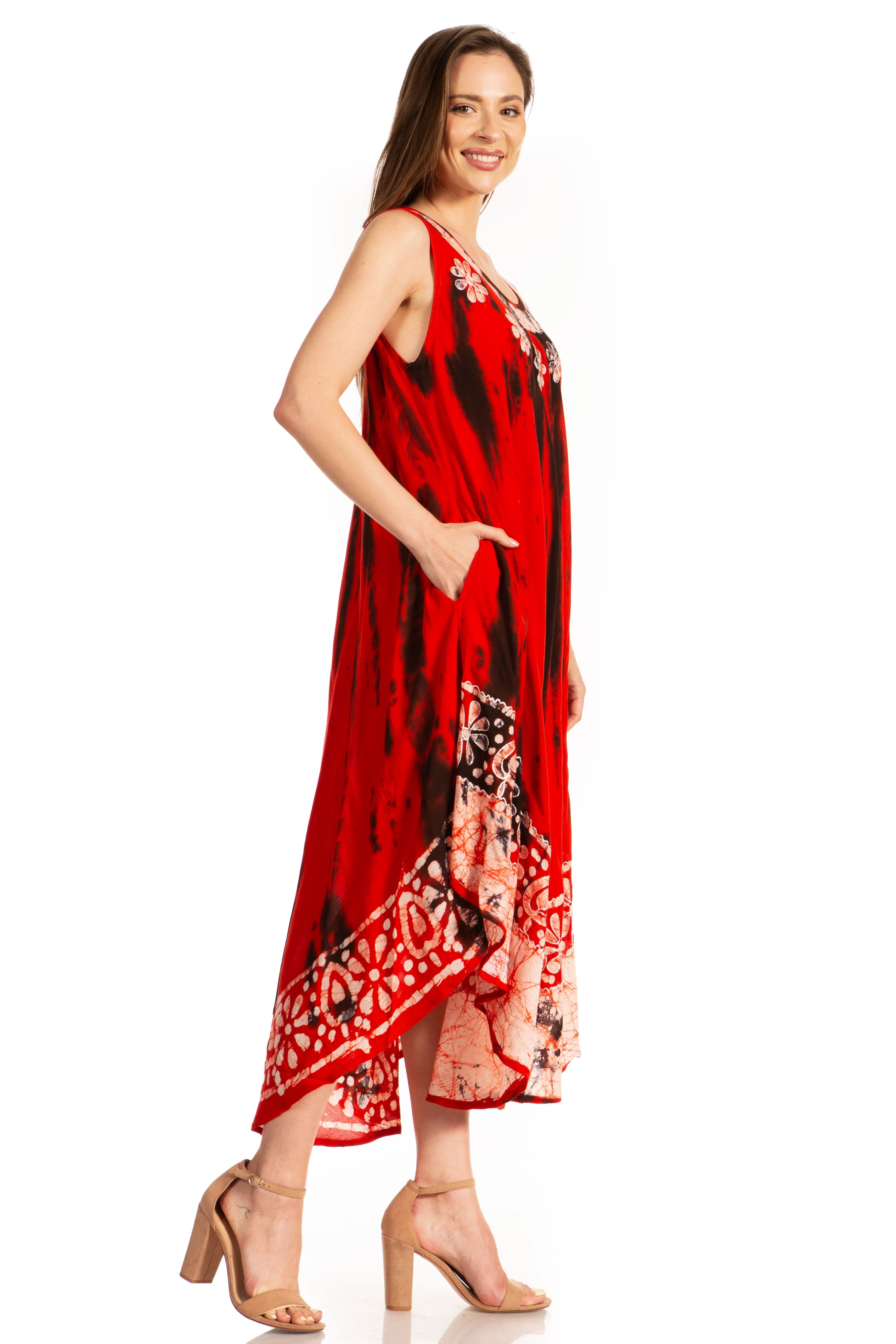 Woman wearing a red floral dress on a white background