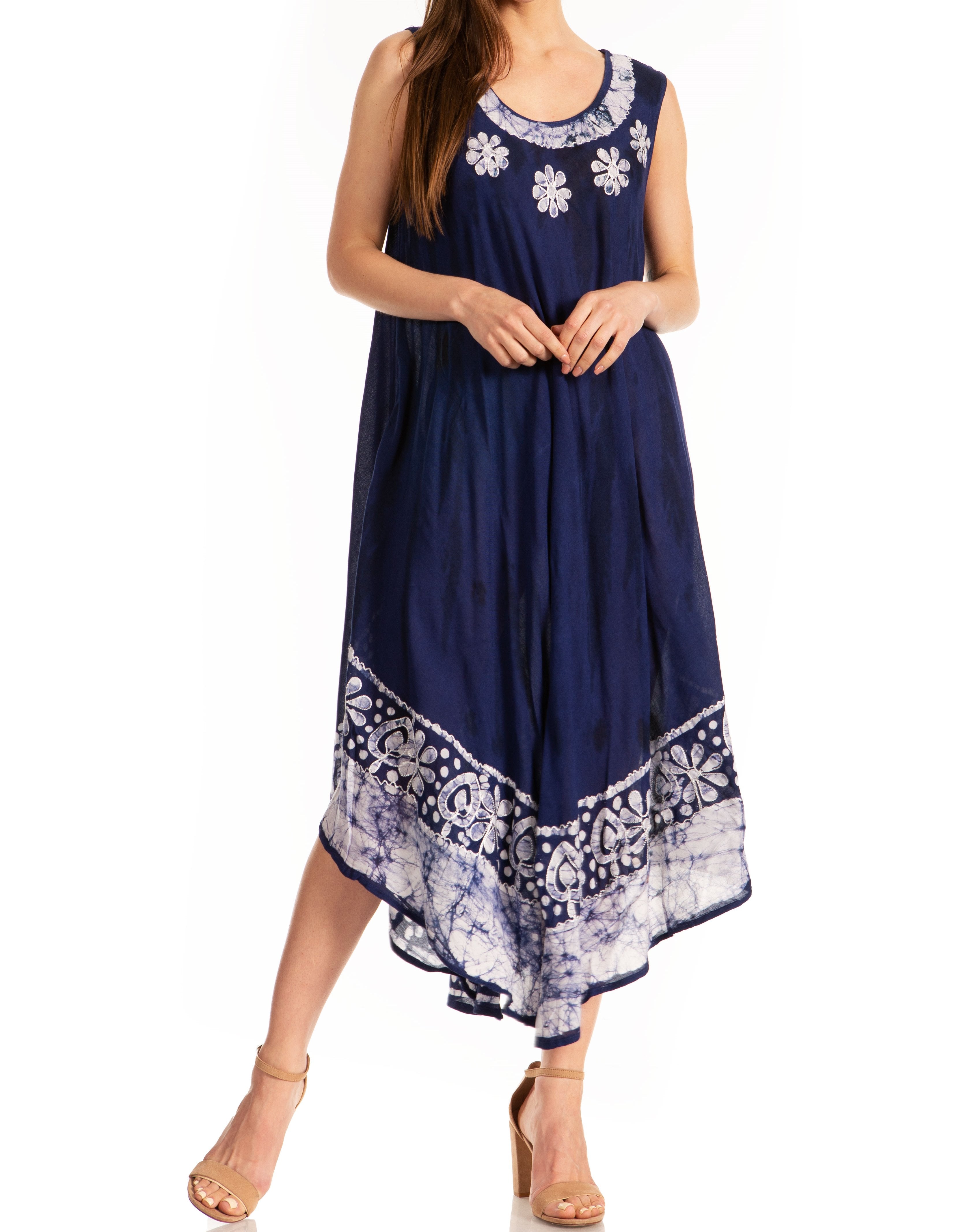 Navy blue dress with white floral patterns on a white background