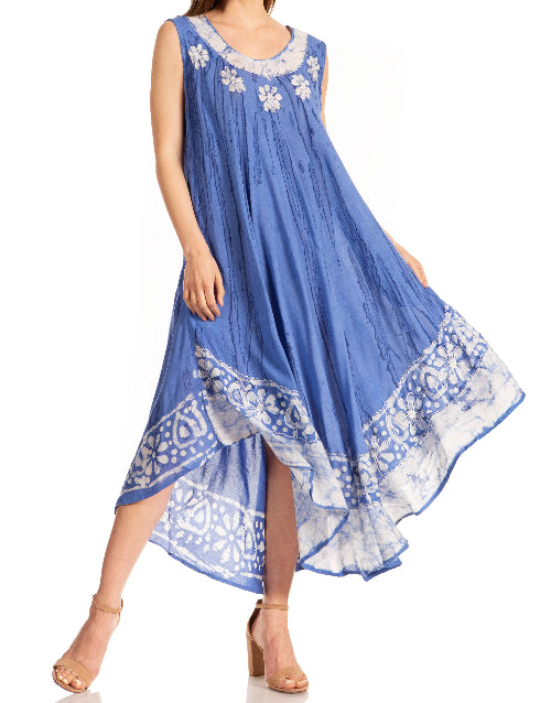 Blue dress with white floral embroidery on a white background