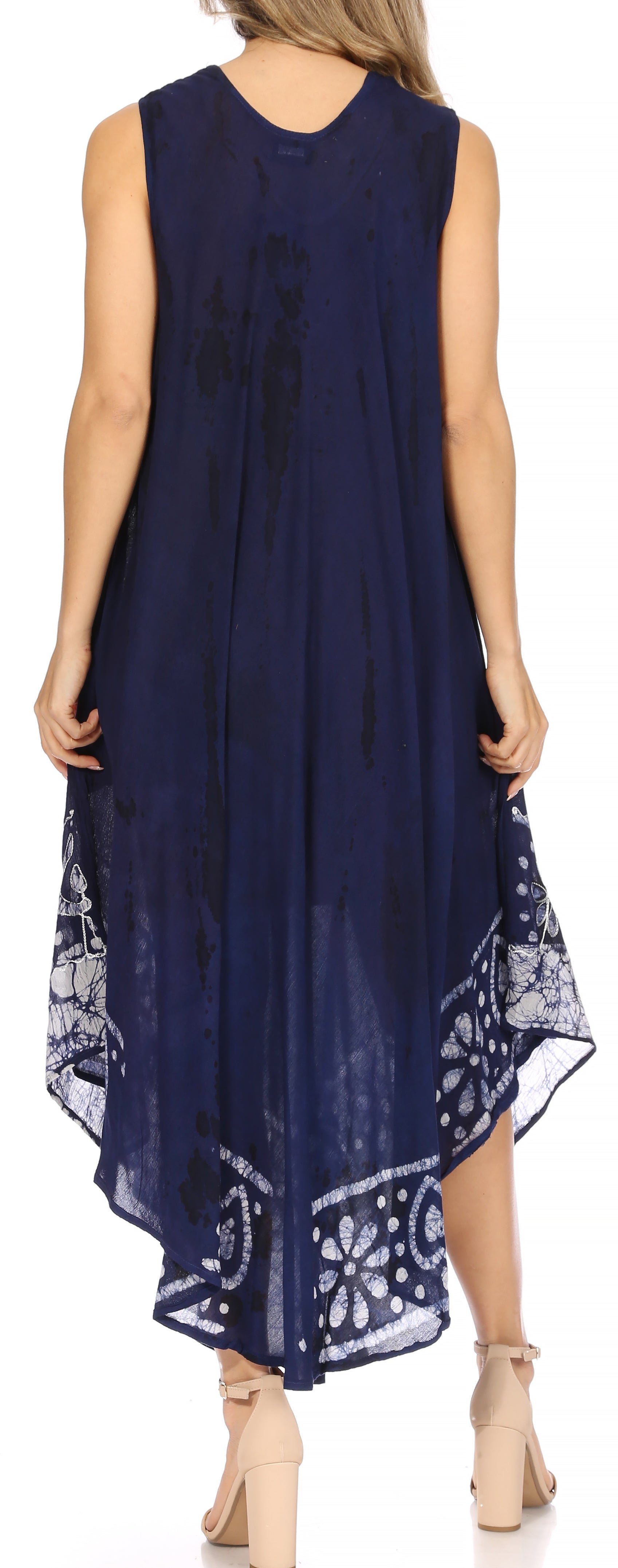 Navy blue sleeveless dress with patterned hem on a white background