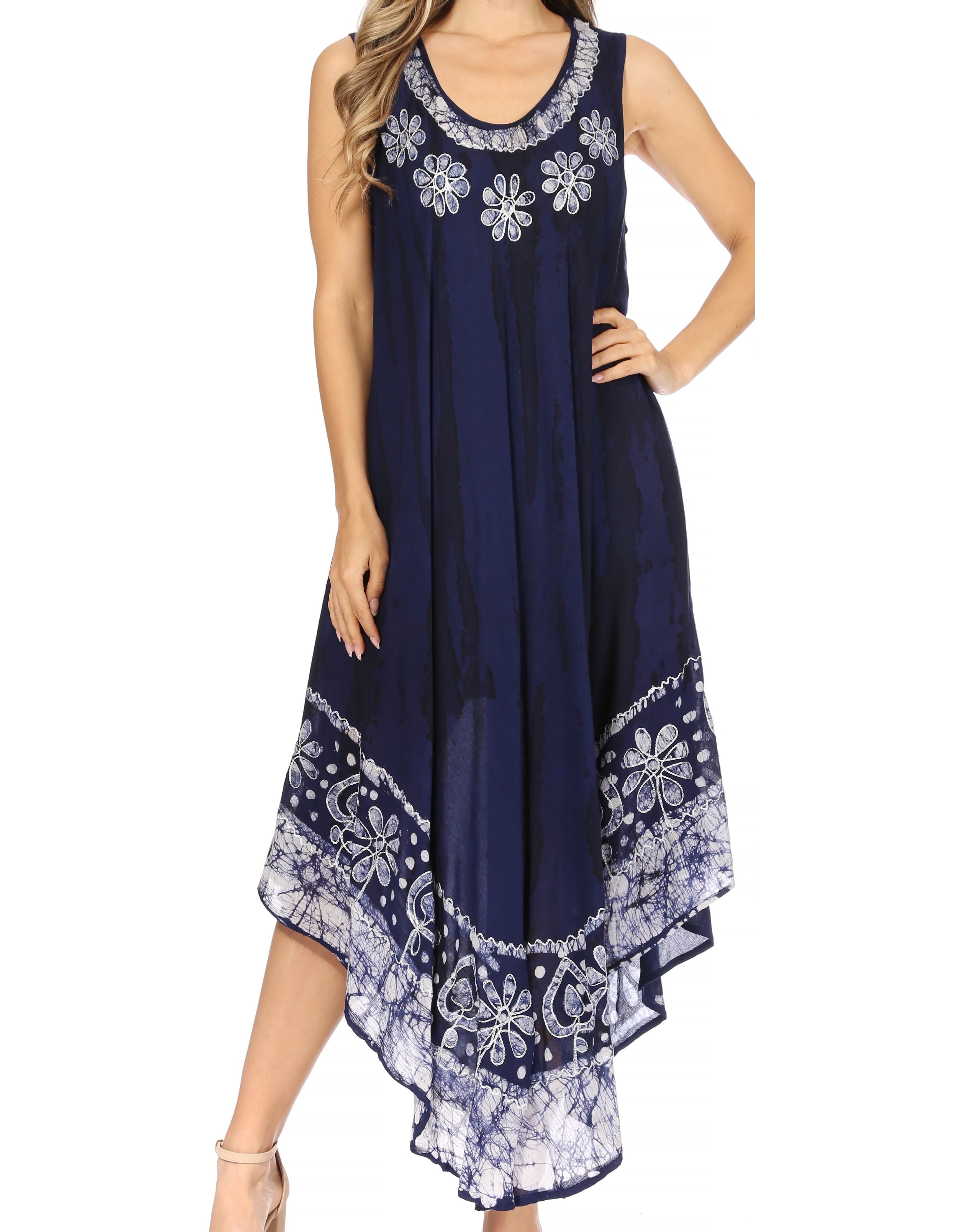 Navy blue dress with white floral patterns on a white background