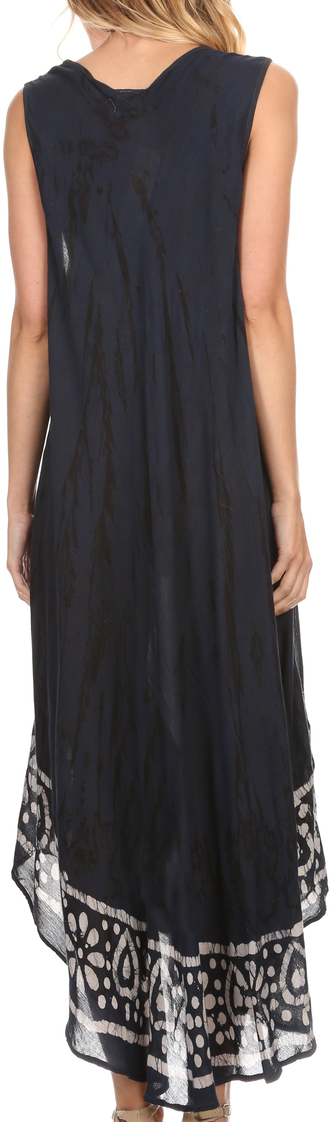 Navy sleeveless dress with a patterned hem on a plain background
