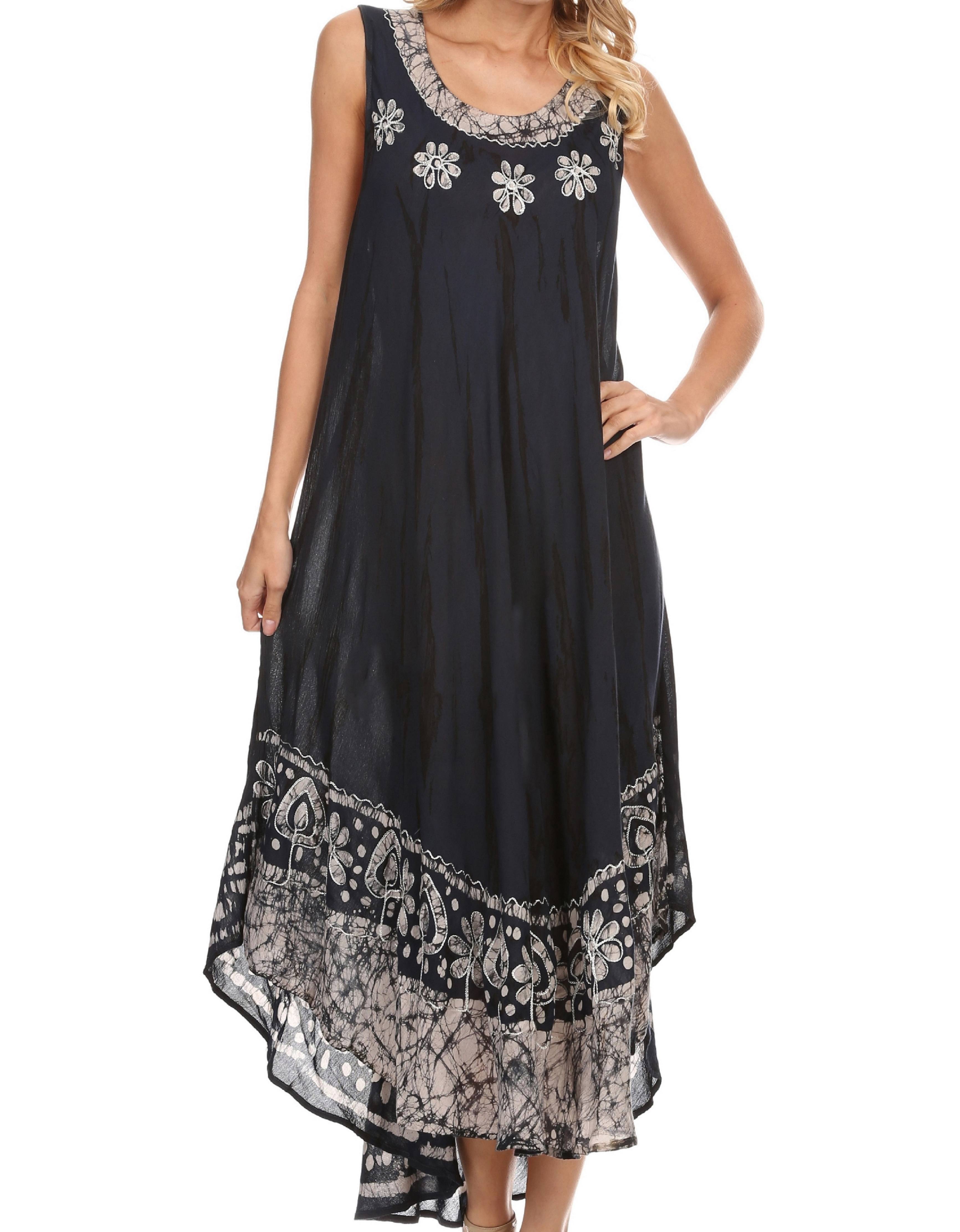Navy blue dress with floral embroidery on a white background