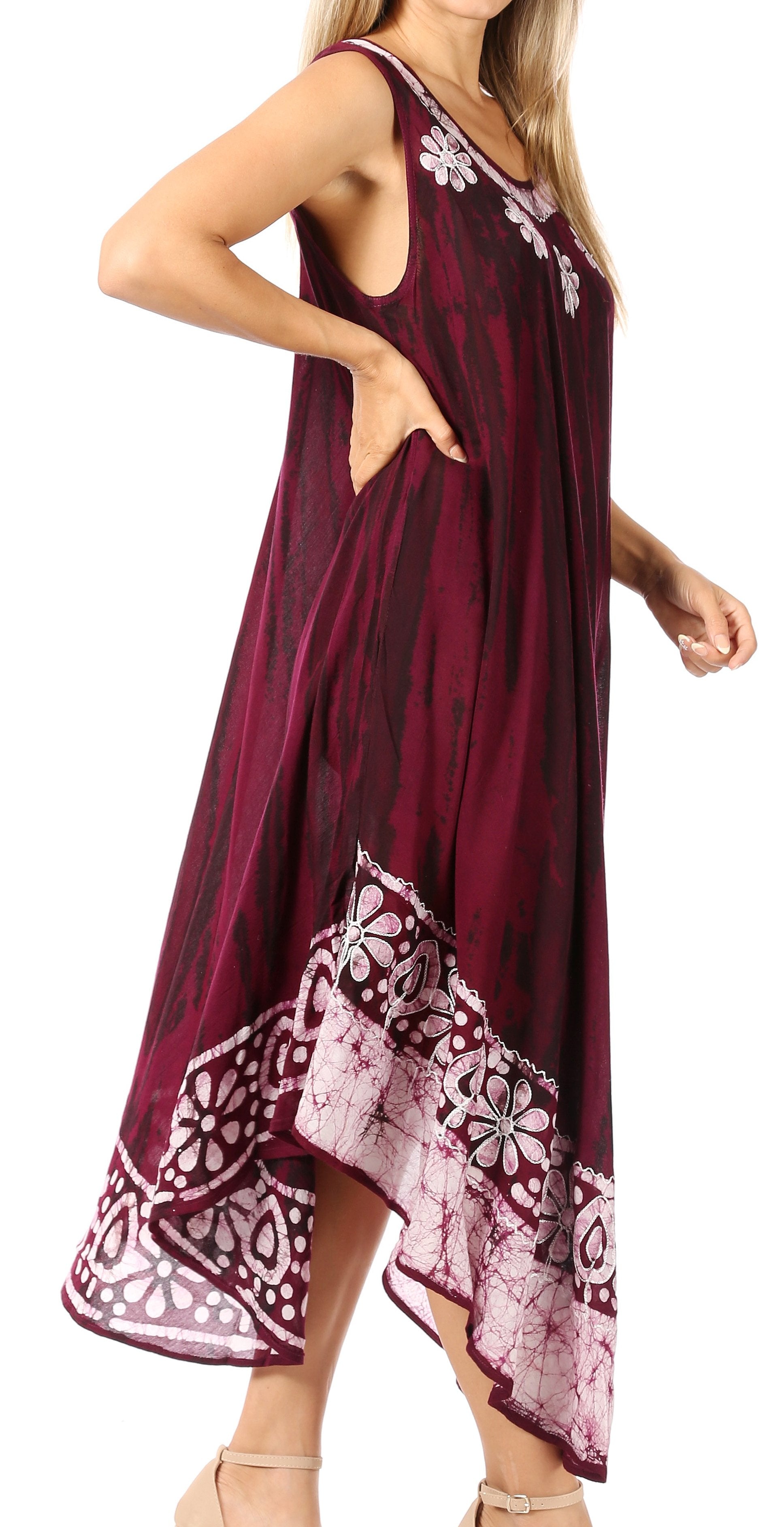 Burgundy dress with floral patterns on a white background