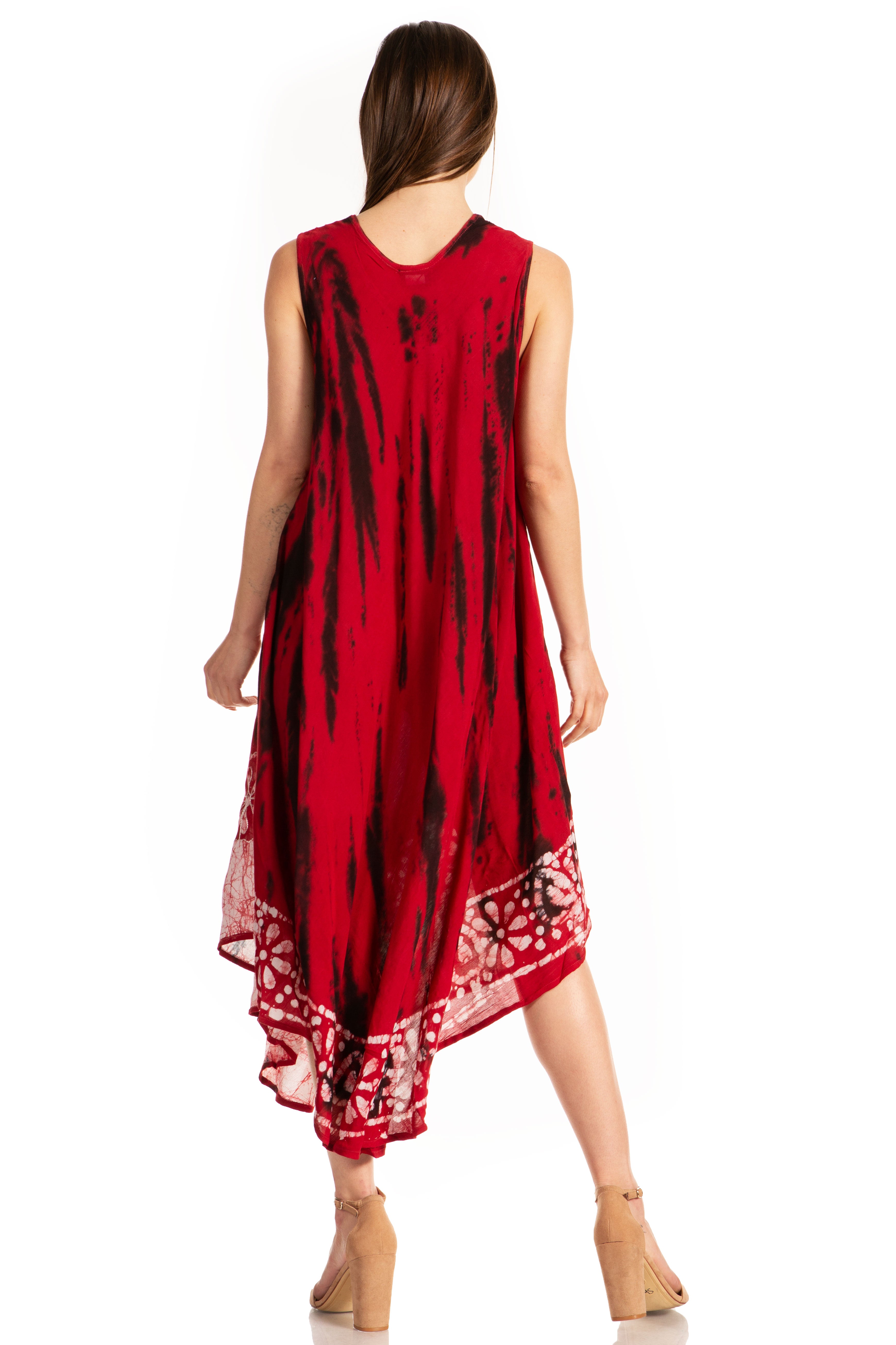 Red tie-dye dress with a patterned hem on a white background