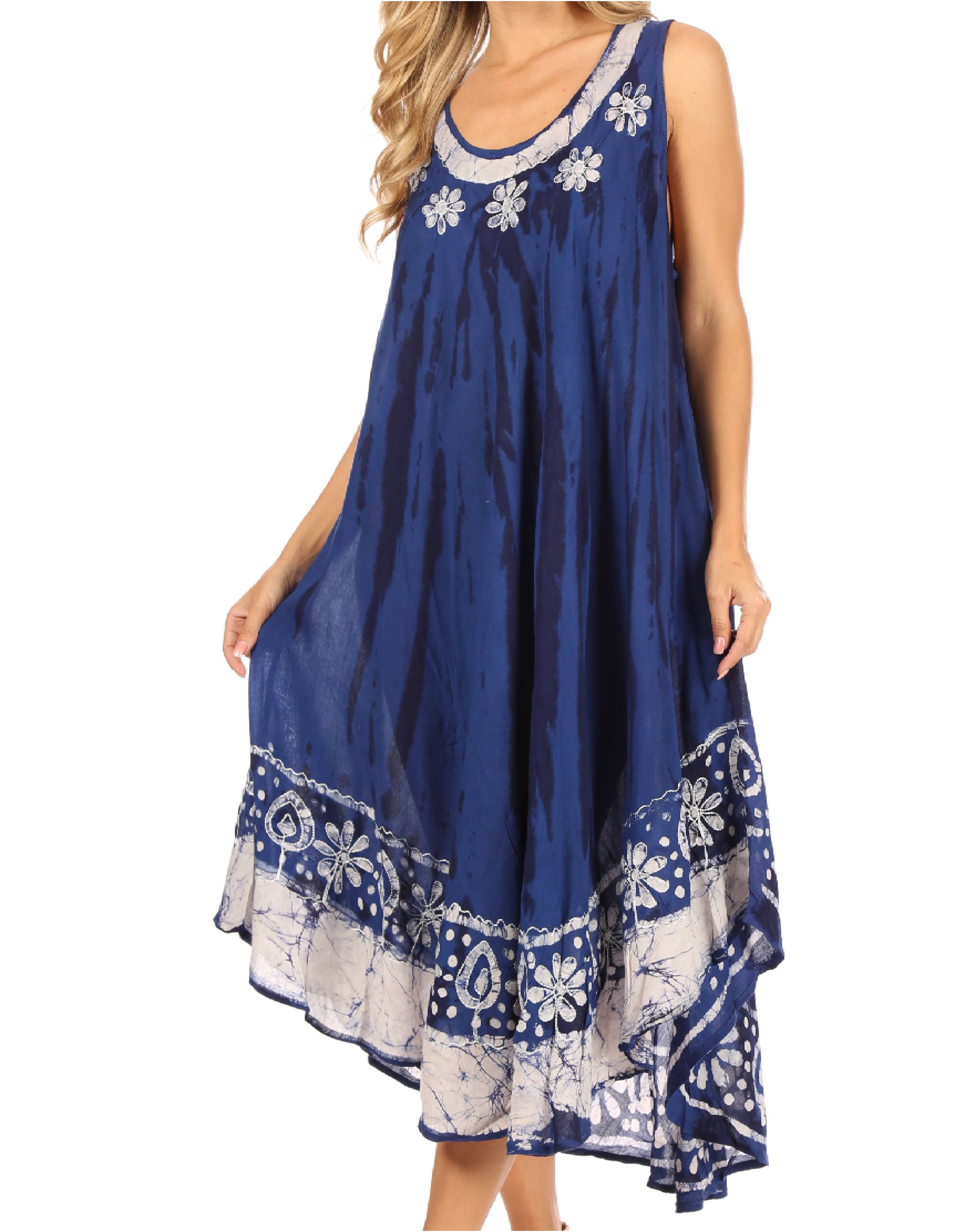 Blue dress with white floral patterns on a white background