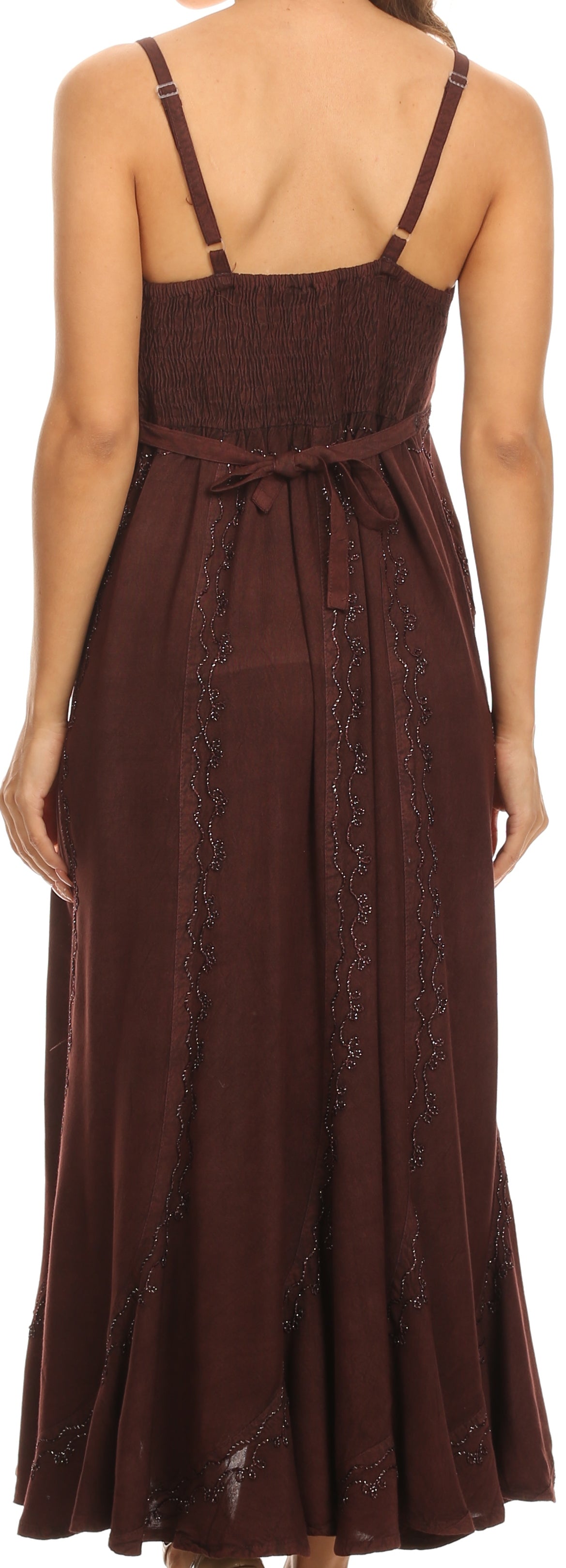 Brown dress with thin straps on a person, back view