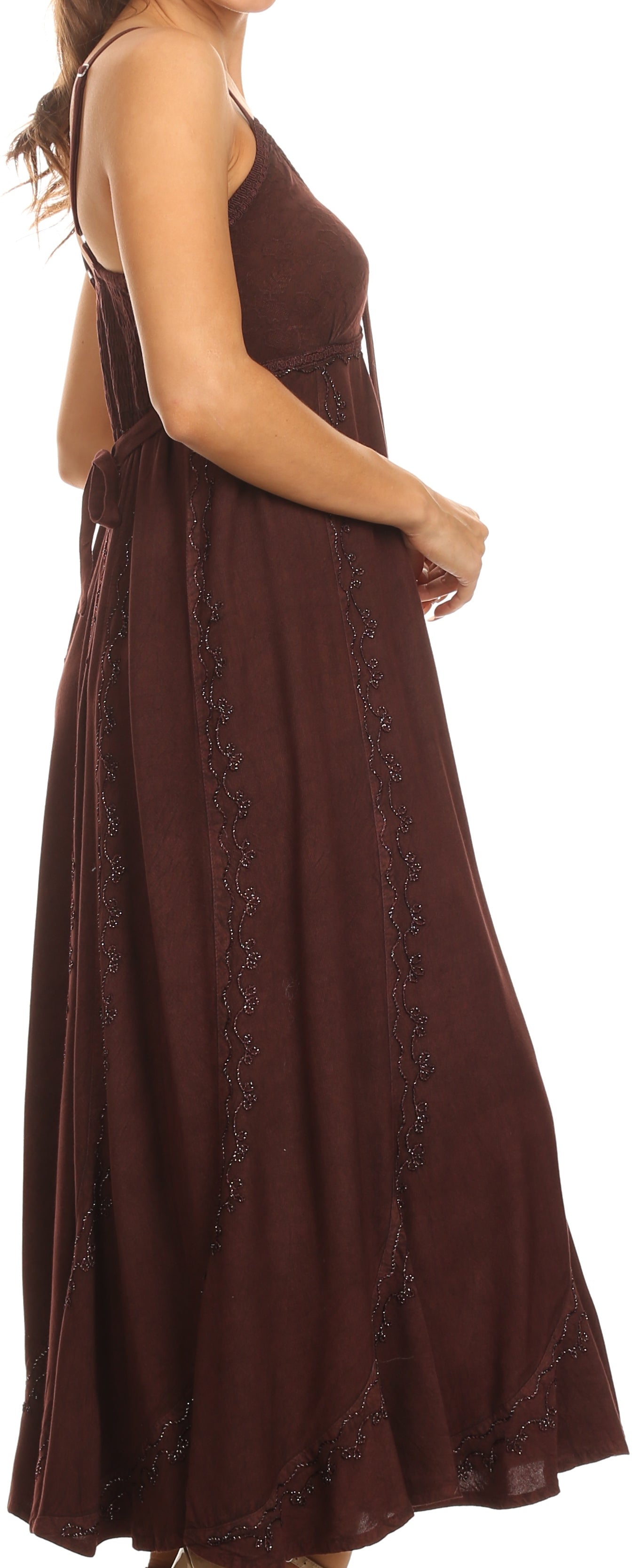 Brown sleeveless dress with lace details on a white background