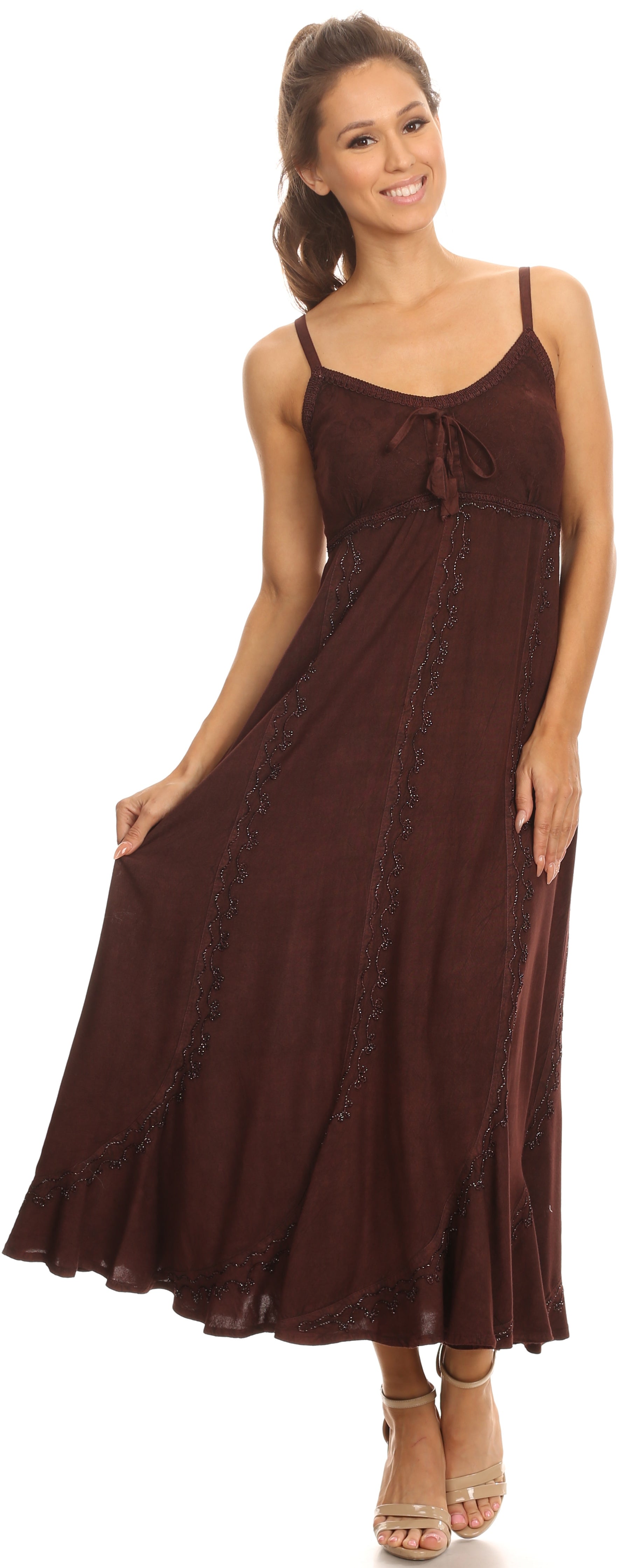 Woman wearing a brown sleeveless dress on a white background