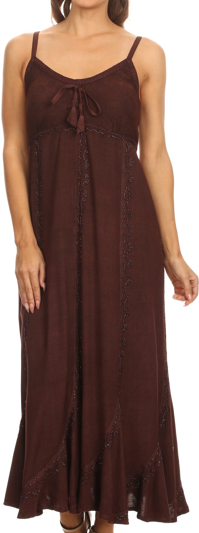 Brown dress with lace details on a white background
